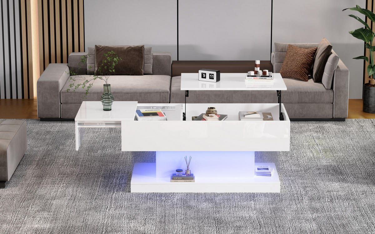 KOMMODE/COUCHTISCH, Hochglanz Weiß, hydraulischer Lift, seitlich verschiebbares Tischblatt, integrierte LED, 100/50/45 cm,Weiß - Weiß, Holzwerkstoff (100/50/45cm) - Redom