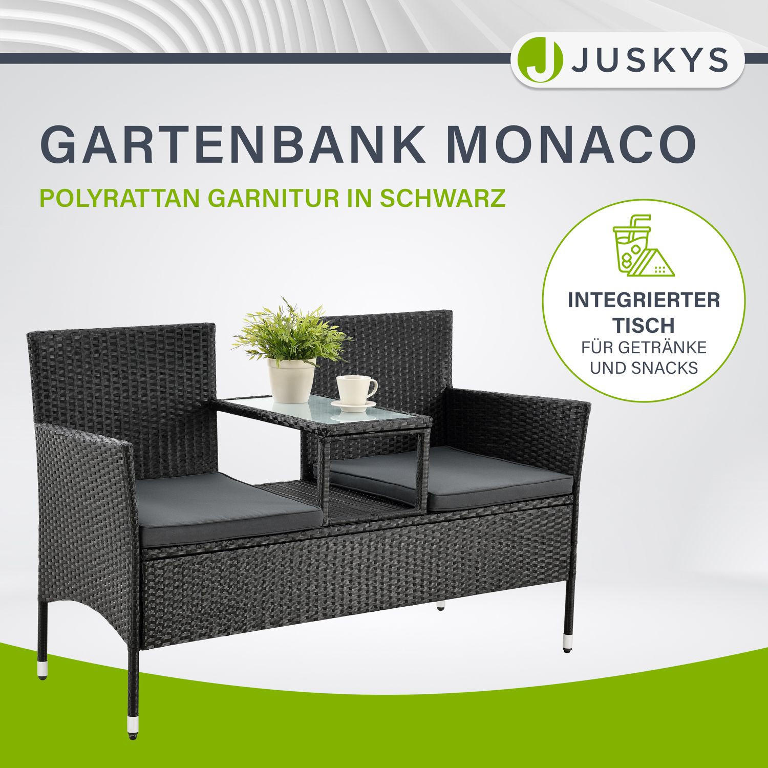 GARTENBANK Monaco grau-meliert - Schwarz, Kunststoff/Metall (133/84/63cm) - Juskys