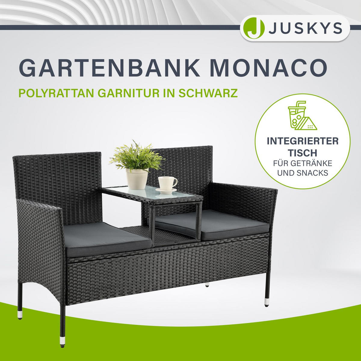 GARTENBANK Monaco grau-meliert - Schwarz, Kunststoff/Metall (133/84/63cm) - Juskys