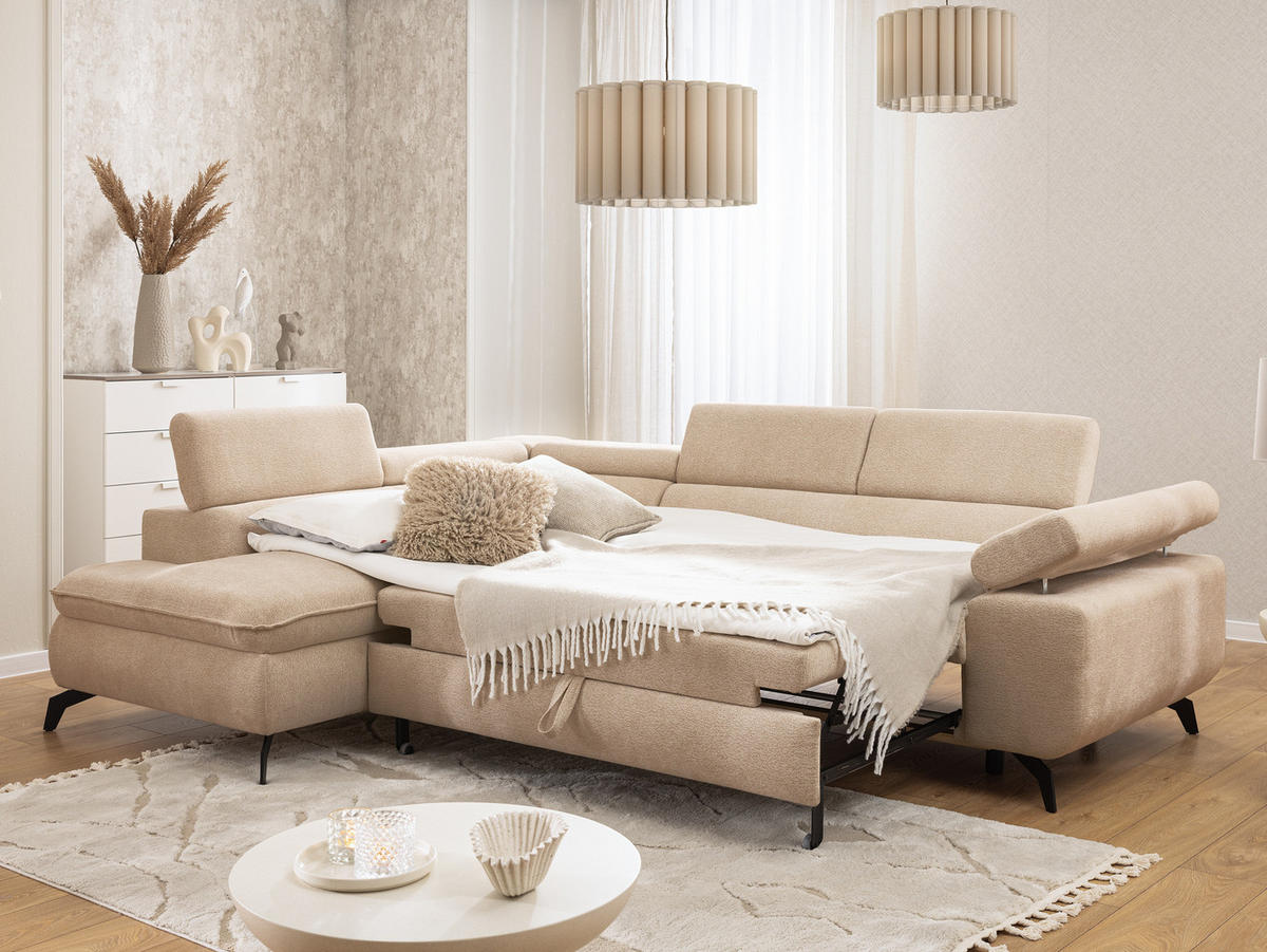 ECKSOFA mit Schlaffunktion und Bettkasten Bonnie aus Taupe Chenille-Stoff mit verstellbaren Kopfstützen und Armlehne - Ottomane links - Taupe/Schwarz, Holz/Textil (275/210cm) - S-Style Möbel