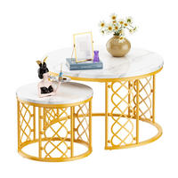 COUCHTISCH 2-teiliges Set 70/70/45 cm und 45/45/37 cm Weiß und Gold Stapelbar mit Stahlrahmen - Goldfarben/Weiß, Holzwerkstoff (70/70/45cm) - OKWISH