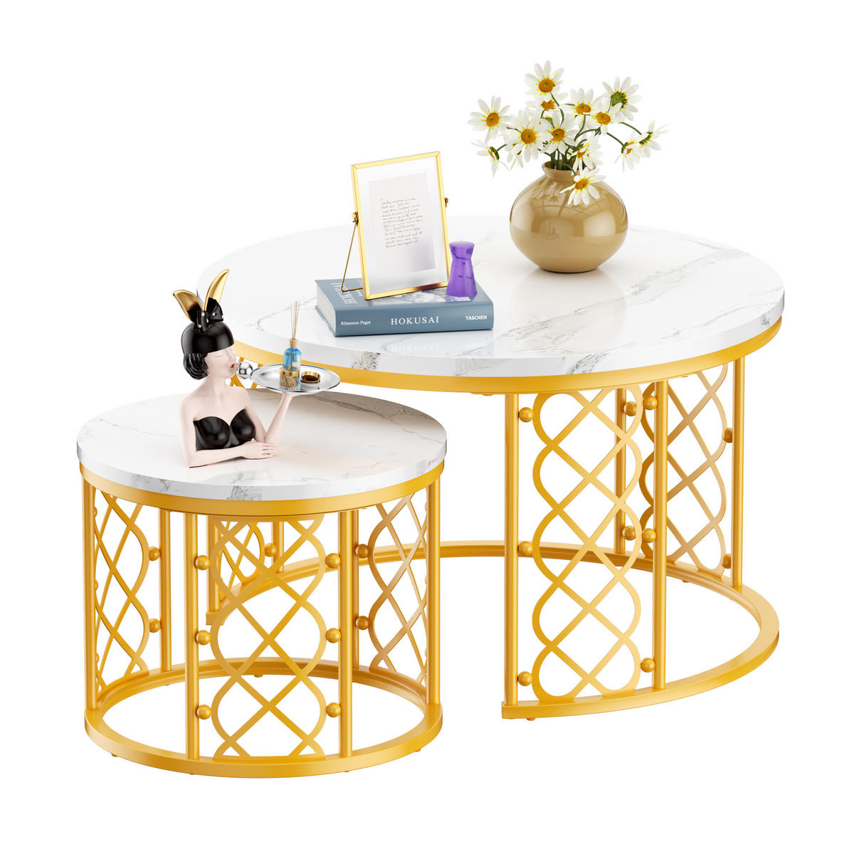 COUCHTISCH 2-teiliges Set 70/70/45 cm und 45/45/37 cm Weiß und Gold Stapelbar mit Stahlrahmen - Goldfarben/Weiß, Holzwerkstoff (70/70/45cm) - OKWISH