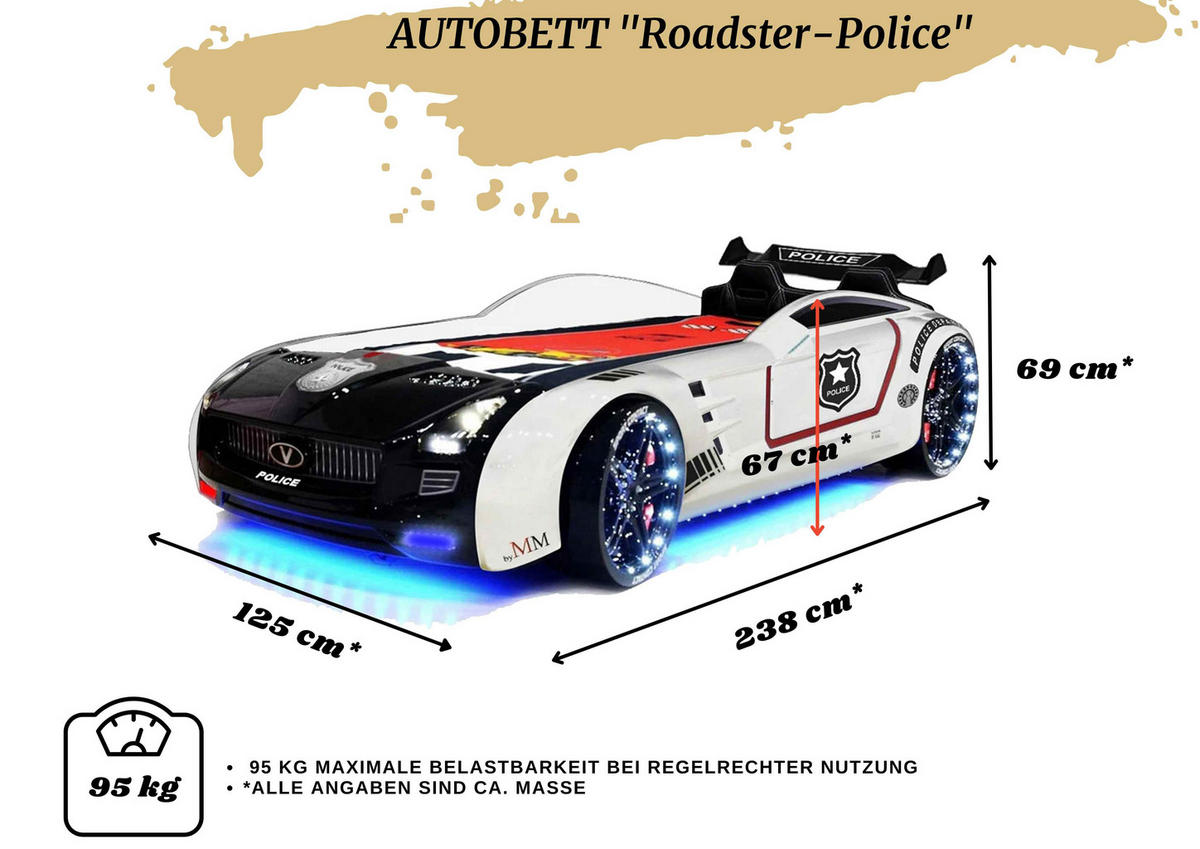 AUTOBETT Roadster Police Kinderbett LED Sound Sportsitze Lattenrost Spoiler - Schwarz/Weiß, Holzwerkstoff/Kunststoff (90/190cm) - Aileenstore