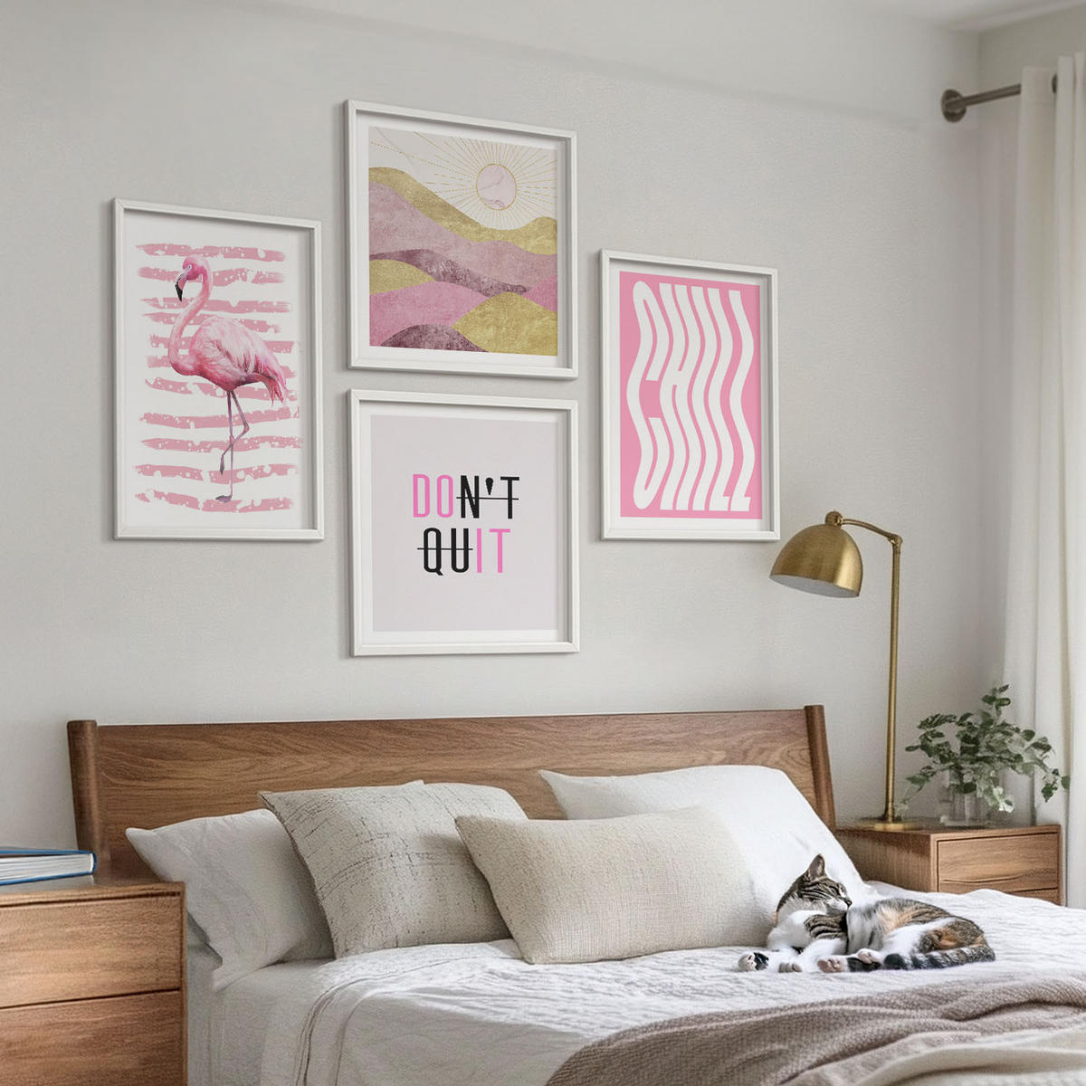 BILDER SET 4er Set - 50x50 cm & 40x60 cm Weißer Rahmen - Pastellfarbene Berglandschaft mit rosa Flamingos - Weiß, Kunststoff (50/50cm) - TULUP