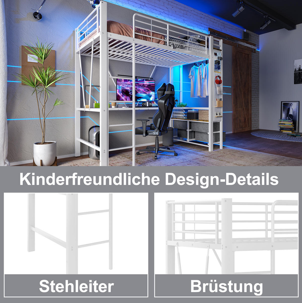 HOCHBETT 90/200 cm in Weiß mit Schreibtisch und LED-Beleuchtung - Weiß, Metall (90/200cm) - Flora Grace