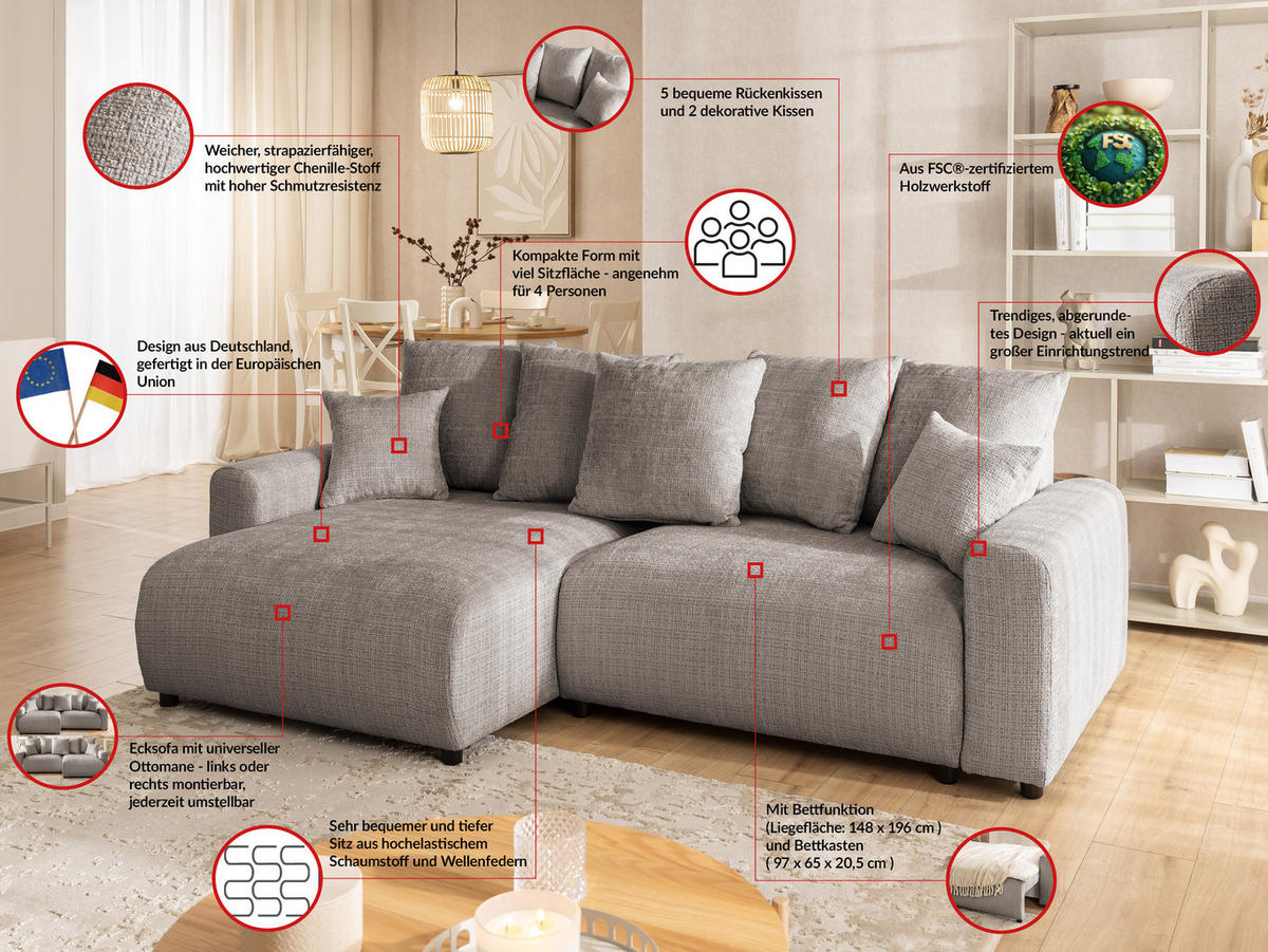 ECKSOFA Calma mit Schlaffunktion und Bettkasten im Bumpy-Design aus weichem Taupe Chenille-Stoff - Ottomane links - Taupe/Beige, Holz/Kunststoff (140/239cm) - S-Style Möbel