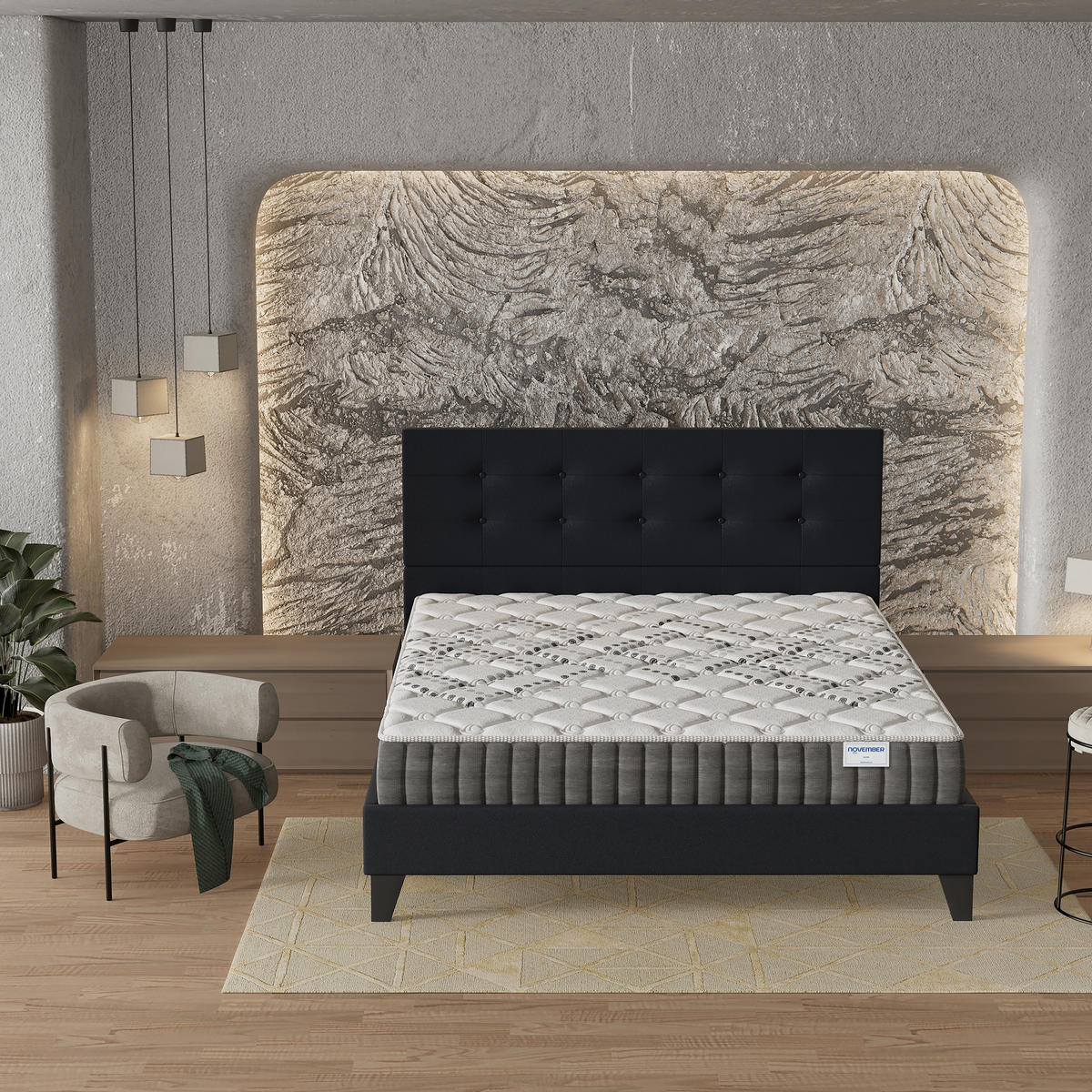 POLSTERBETT und MATRATZE - 120 x 190 cm - Taschenfederkern - 20cm dick - Schwarz, Naturmaterialien/Holz (120/190cm) - November Sleep