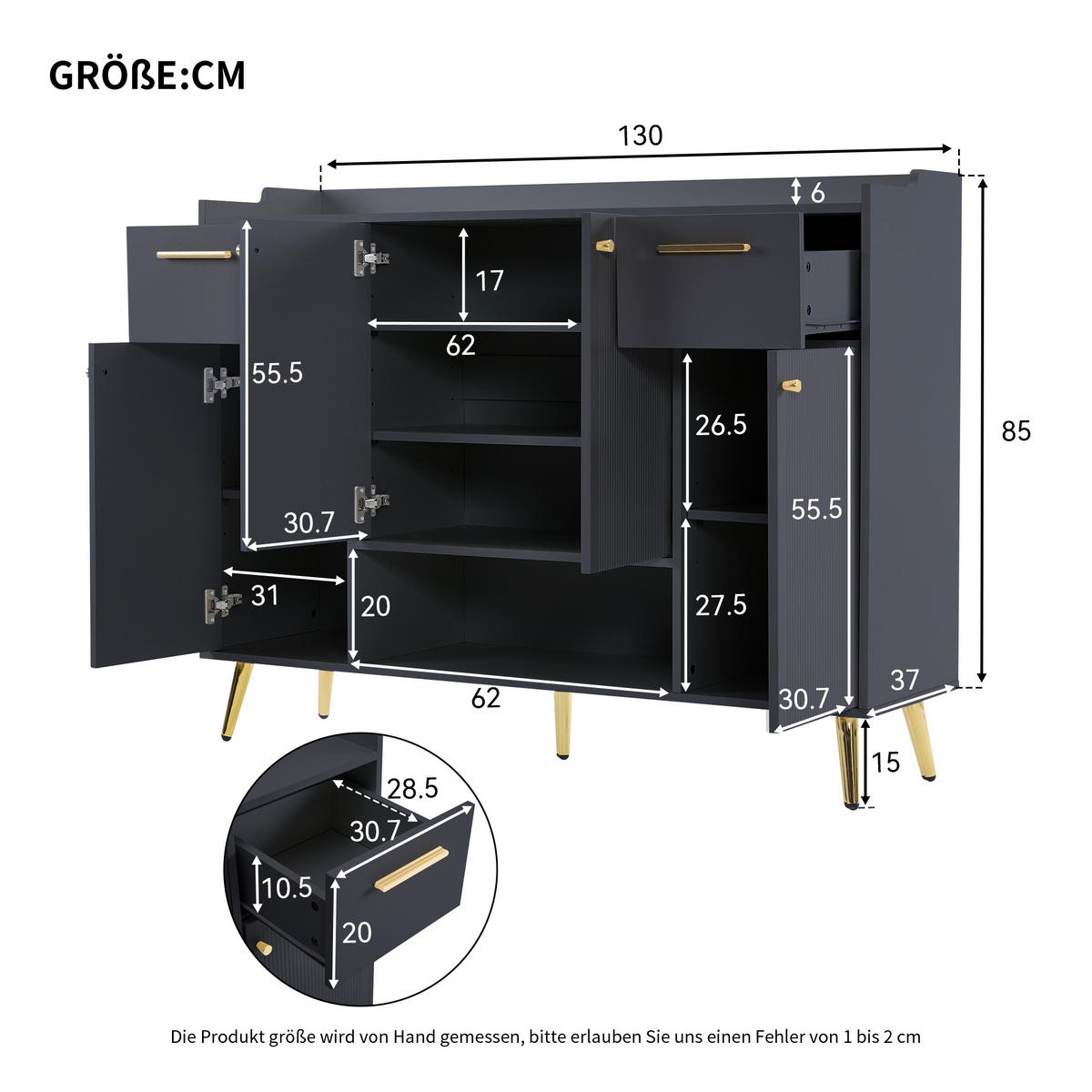 SCHUHSCHRANK in Schwarz Schuhregal mit 2 Schubladen und 4 Türen für Flur, B130/T37/H100cm - Goldfarben/Schwarz, Holzwerkstoff/Metall (130/100/37cm) - STILVORA