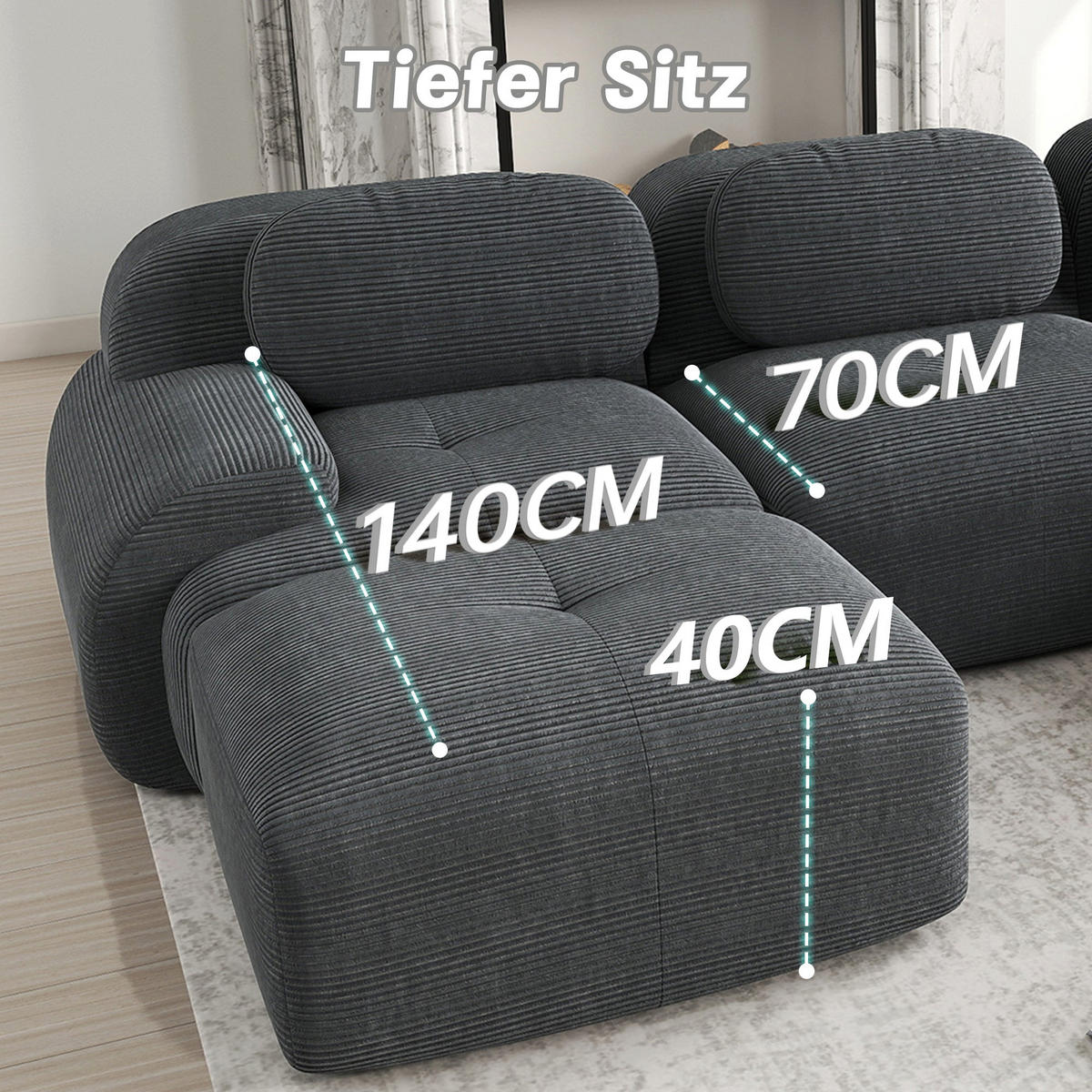 2-SITZER-SOFA in cordstoff rahmenloses design & modular kombinierbar - Grau, Textil (103/75/208cm) - Urban Meuble