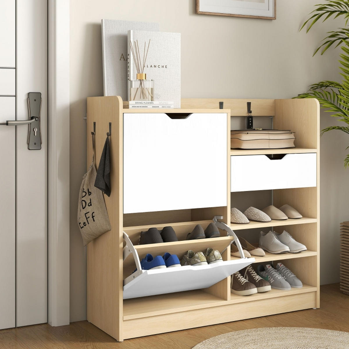 SCHUHSCHRANK aus Holz 93x30x90cm in Natur mit Kippschubladen - Naturfarben, Holz (93/90/30cm) - Modfu