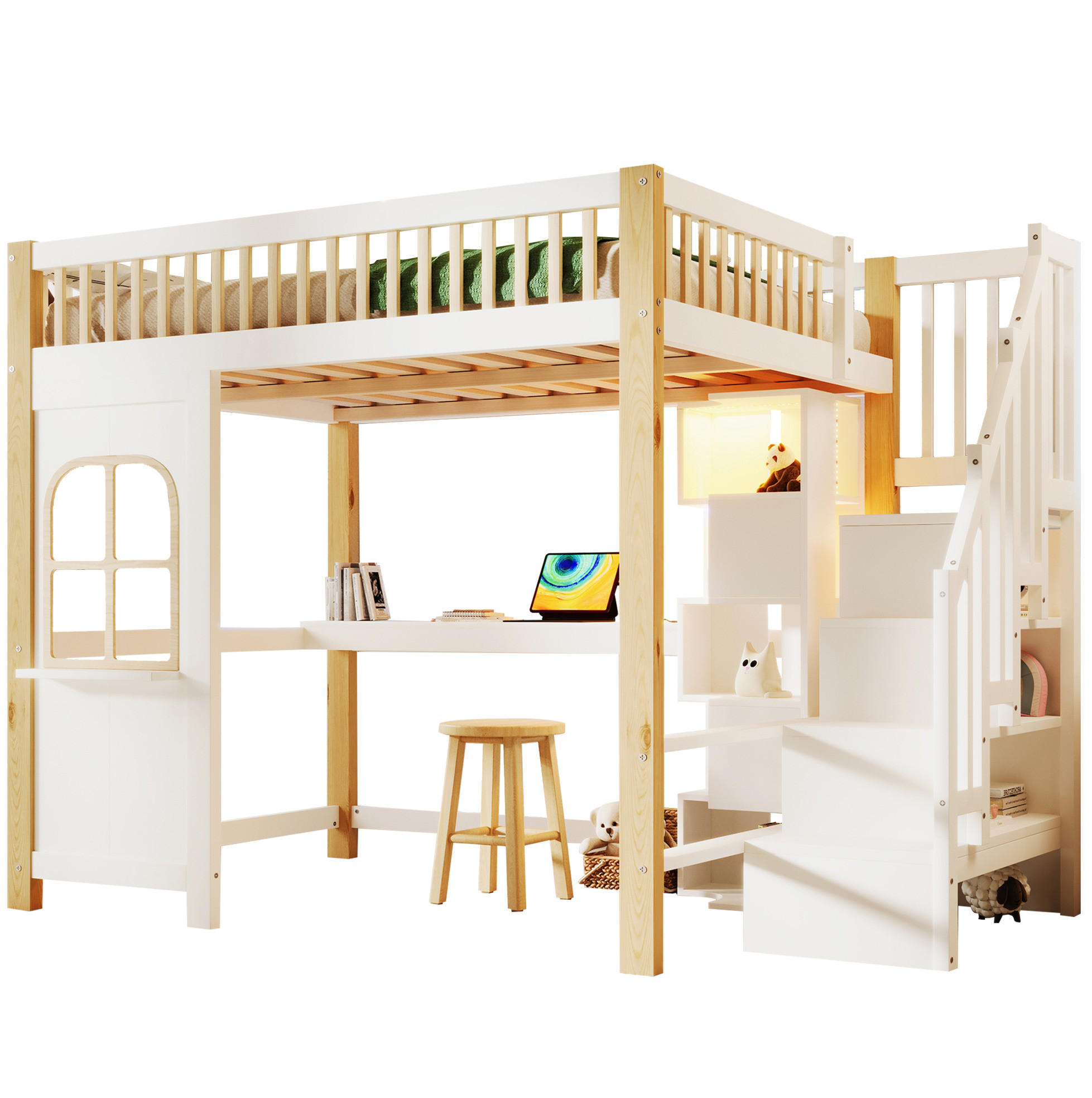 HOCHBETT 140/200 cm mit LED-Leuchten Fensterform Ablageleiter und Schreibtisch Weiß+Natur mit Matratze - Weiß, Holzwerkstoff (140/200cm) - OKWISH
