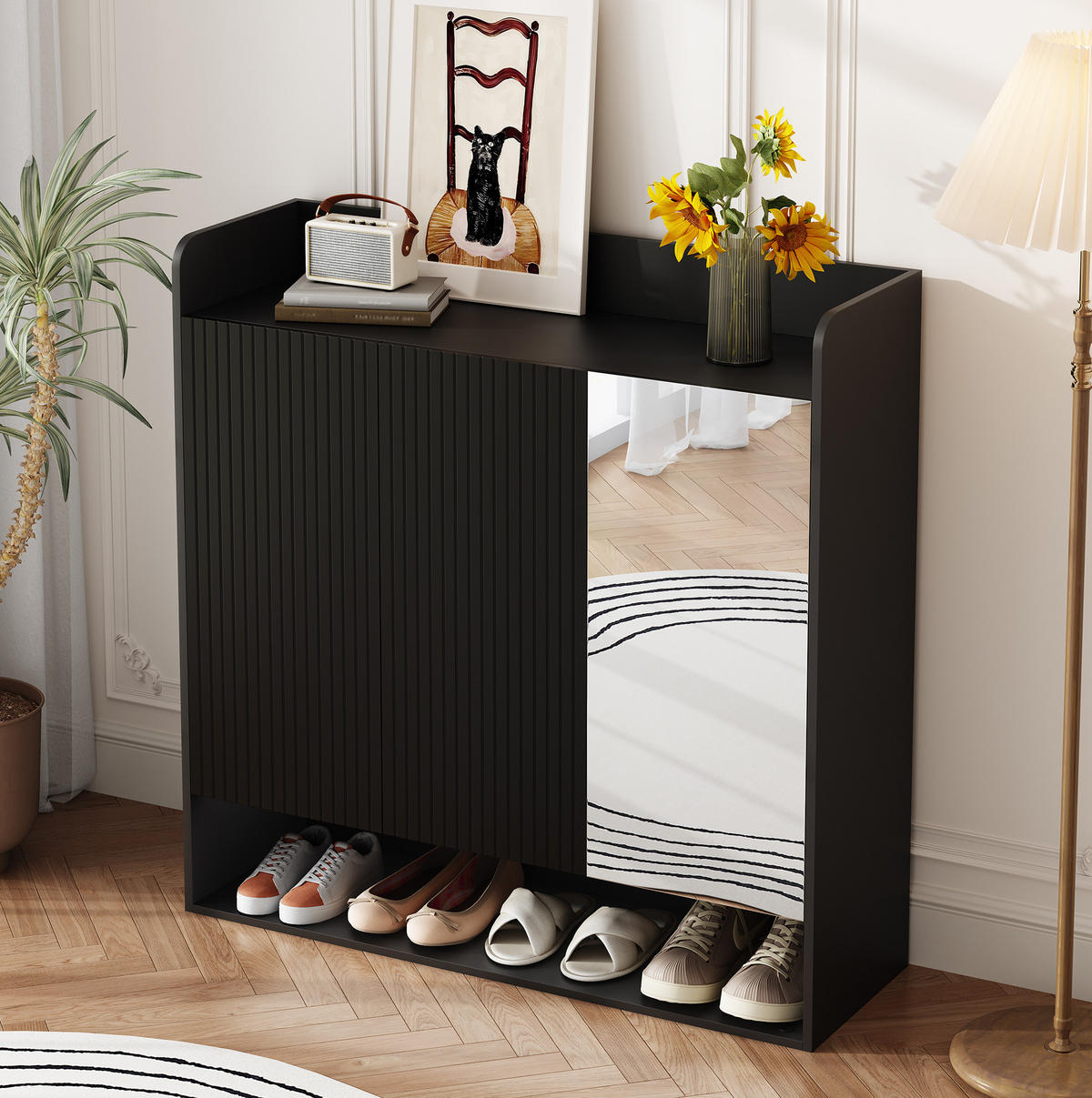 SCHUHSCHRANK mit Spiegel 110 x 35,5 x 110 cm MDF Schwarz - Schwarz, Holzwerkstoff (35.5/110/110cm) - Beauniv