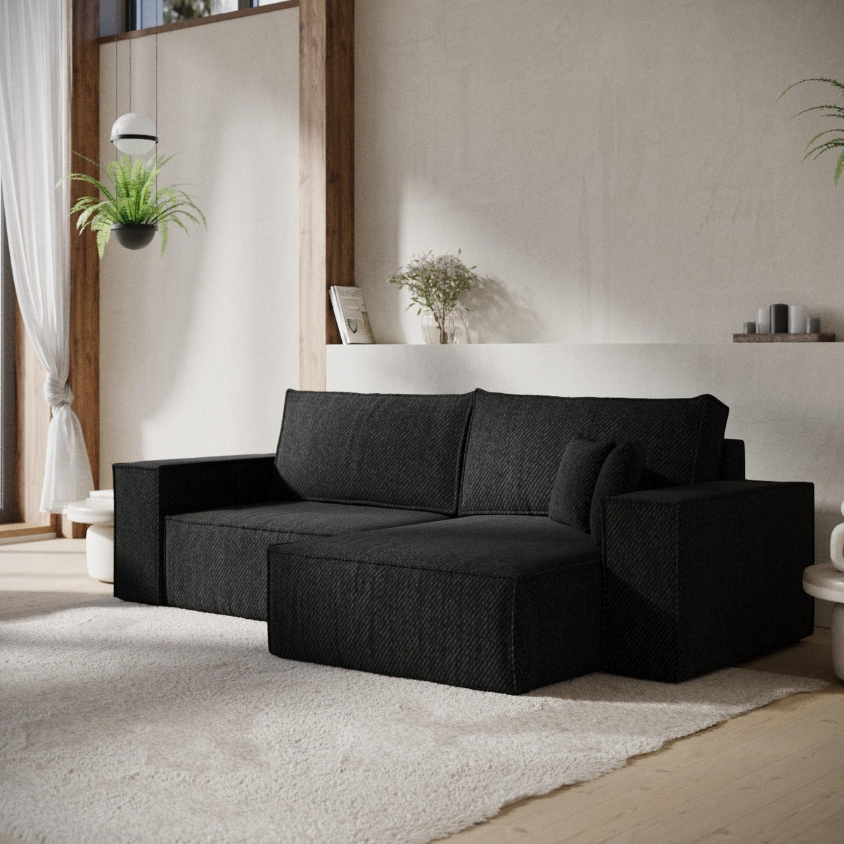 ECKSOFA CAVO mit Schlaffunktion Schwarz im Neve Stoff - Schwarz, Holz/Holzwerkstoff (255/148cm) - AltaBeds