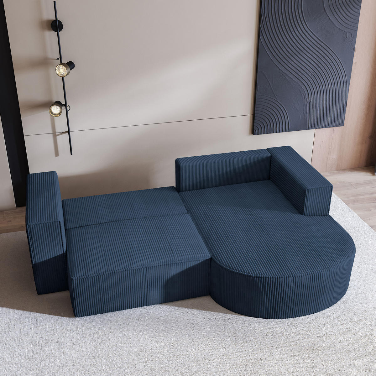 ECKSOFA SORELA P R-S Blau Kordstoff mit Schlaffunktion - Blau, Holz (263/174cm) - MASSENO