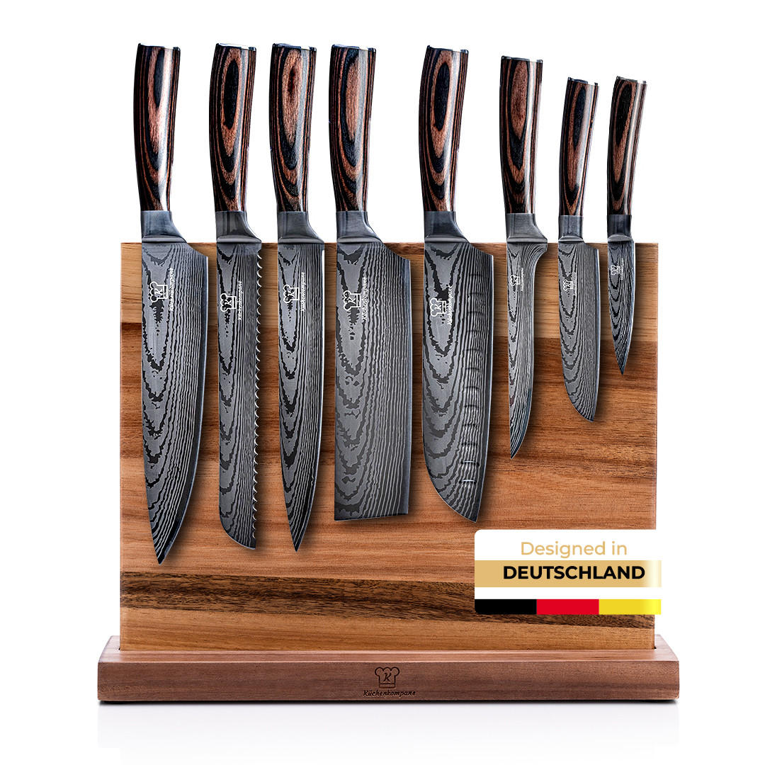 MESSER-SET 9-tlg. mit magnetischem Holz-Messerblock und Edelstahlklingen - Braun, Holz - Küchenkompane