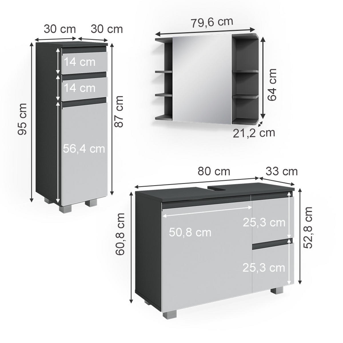 BADMÖBEL-SET J-Shape Anthrazit 3 Teile, mit Midischrank - Anthrazit/Weiß, Holzwerkstoff (80/60/33cm) - Vicco
