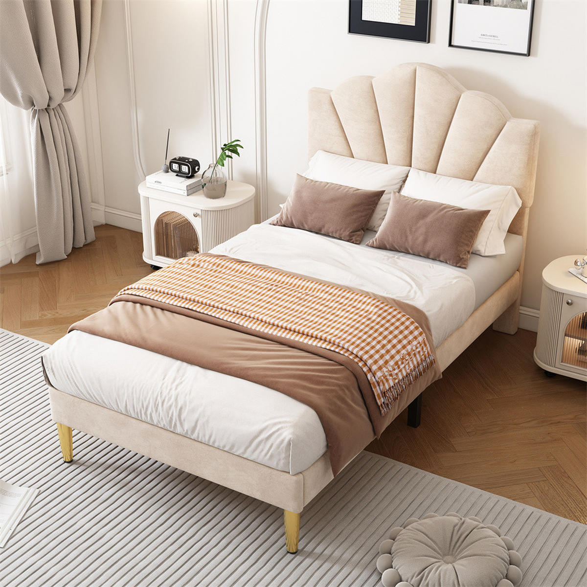 POLSTERBETT 90/200 cm in Beige Samt mit Goldenen Eisenbeinen - Beige, Holz/Textil (90/200cm) - KOMHTOM