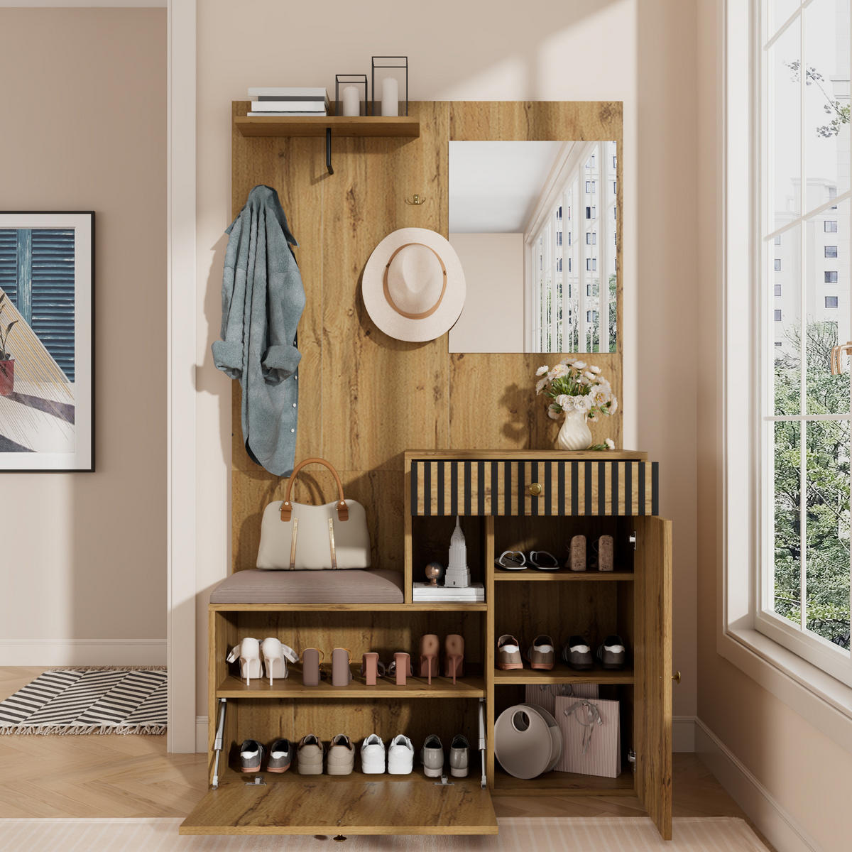 SCHUHSCHRANK aus MDF 110x37x185.5cm in Natur mit Spiegel - Naturfarben, Holzwerkstoff (110/185.5/37cm) - Modfu