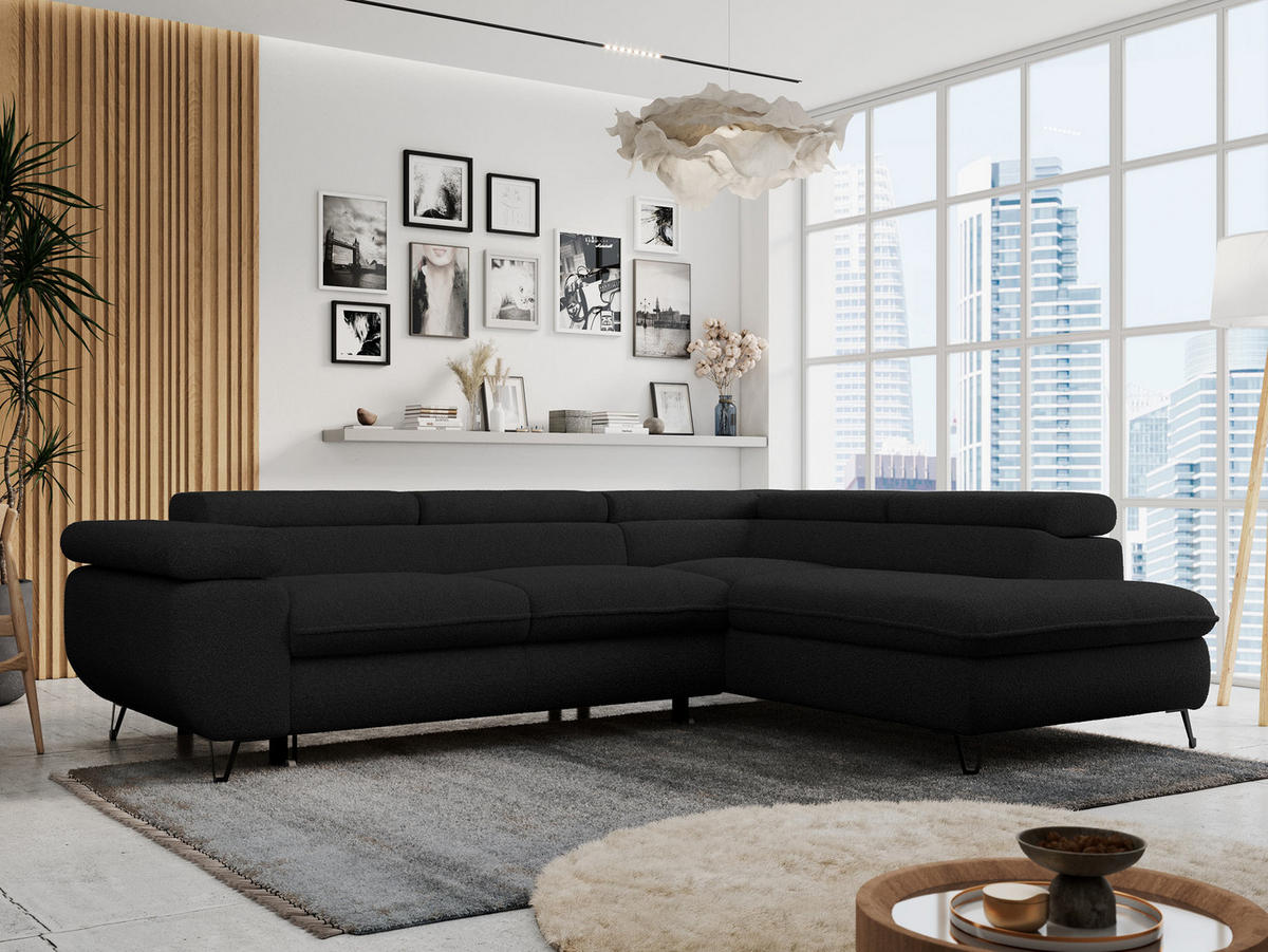 ECKSOFA PETER L Schwarz Boucle - Rechts Seite - Schwarz, Textil/Metall (273/208cm) - MKS