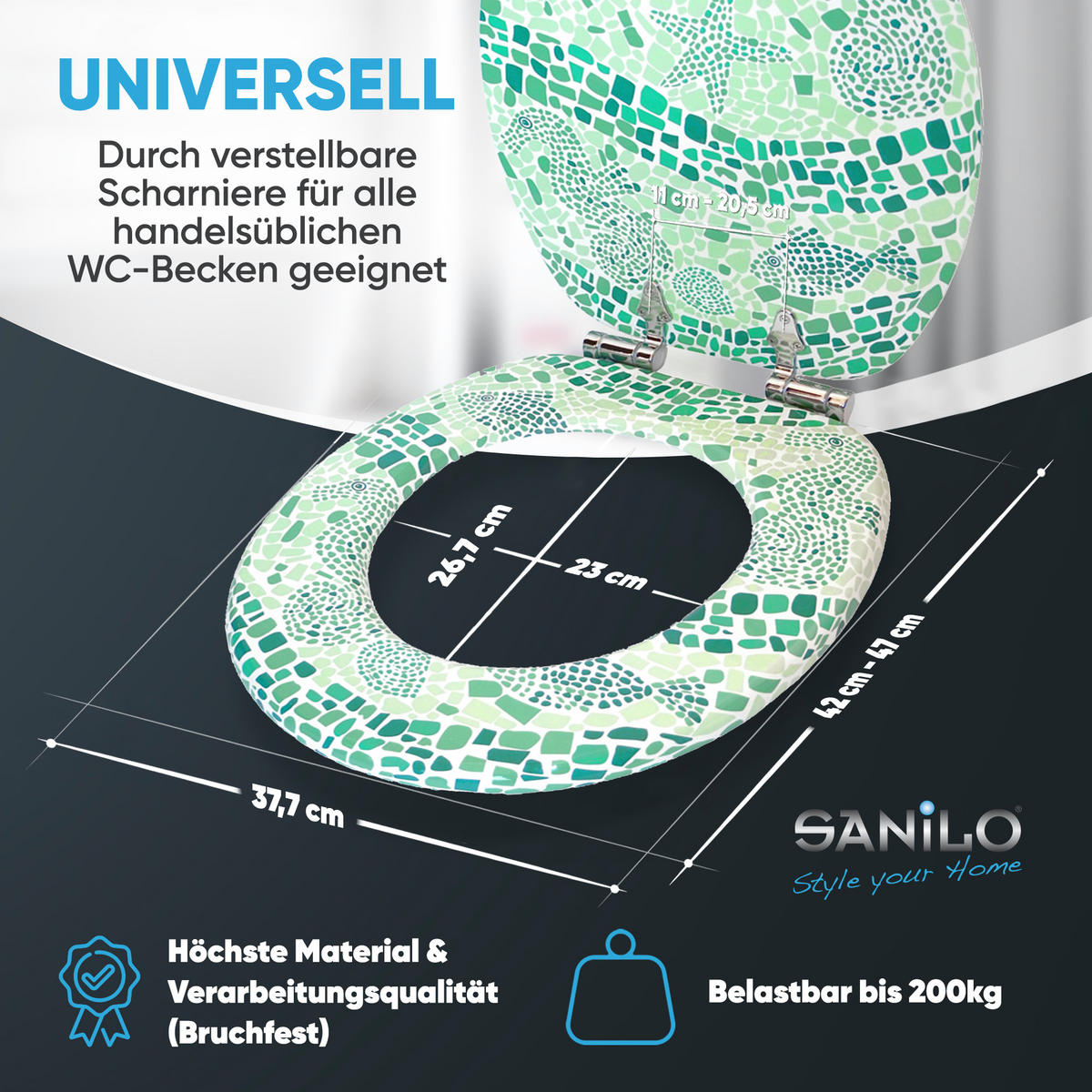 WC-SITZ Soft Close Mosaic World Green - Grün, Holzwerkstoff (38/6/47cm) - Sanilo