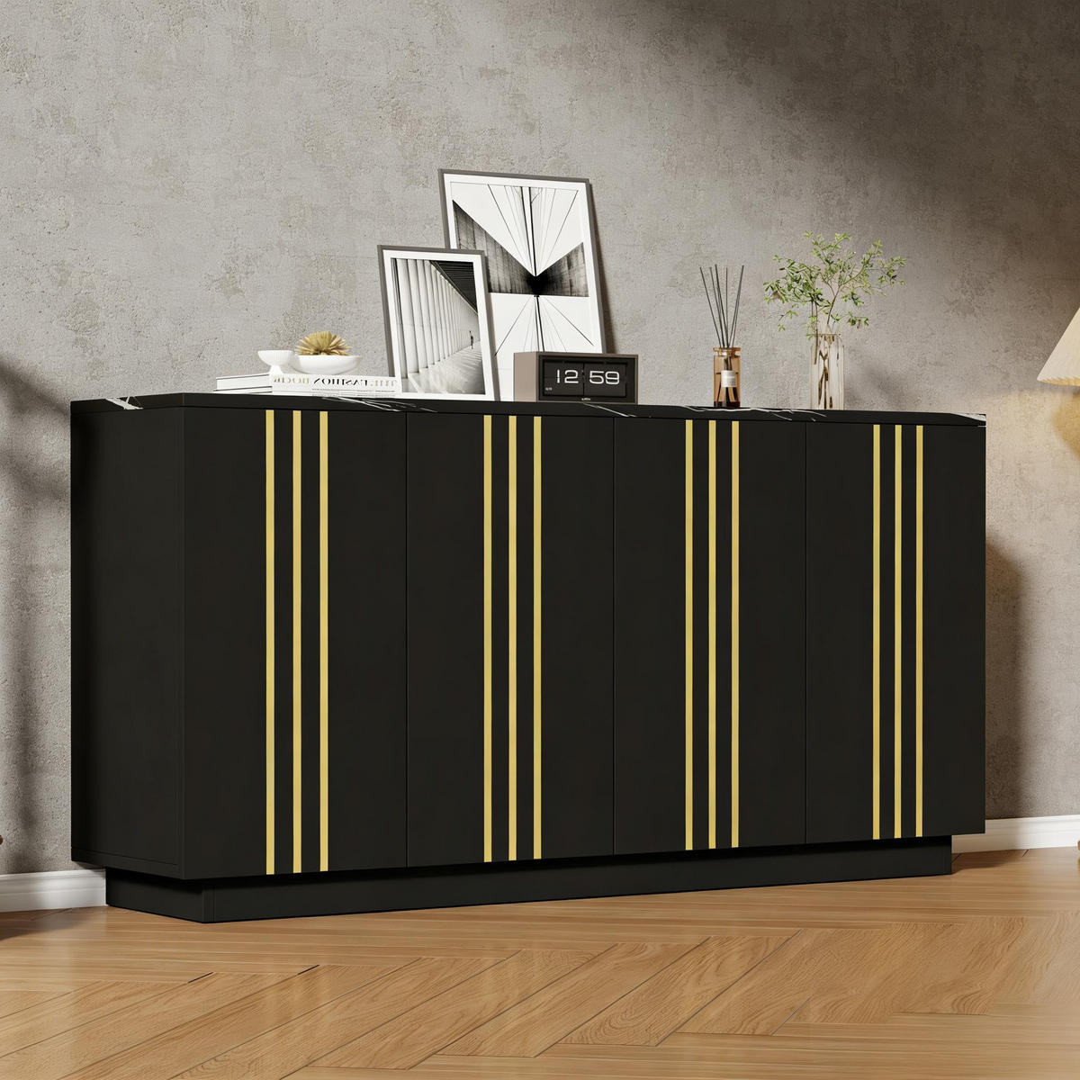 SIDEBOARD schwarz-gold mit vier Schranktüren und verstellbaren Einlegeböden 35 × 140 × 70 cm aus Spanplatte - Schwarz, Holzwerkstoff (140/70/35cm) - Luhomfu