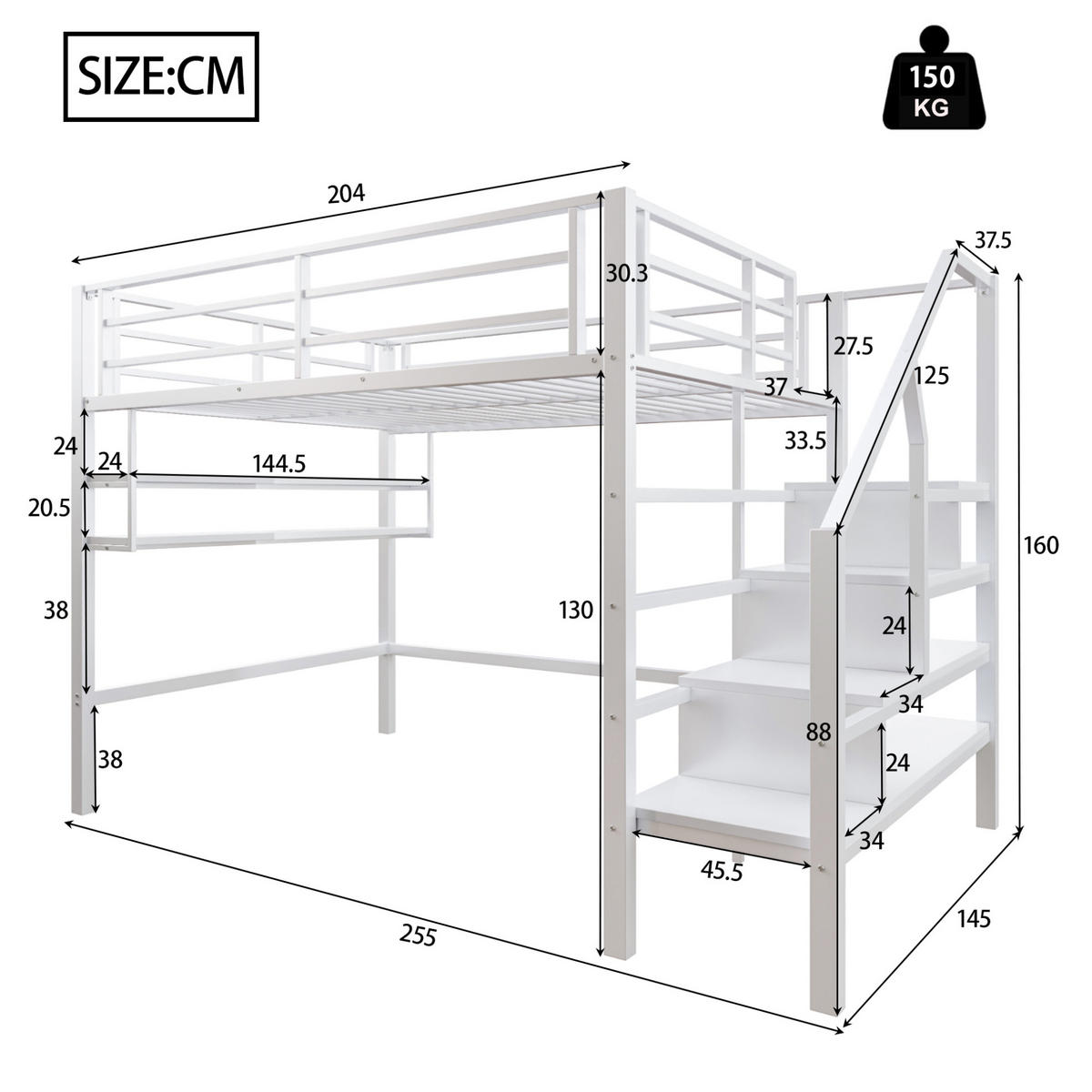 HOCHBETT 140/200 cm aus Metall mit Stauraumleiter, Regalfächern und Freiraum unter dem Bett, Weiß - Weiß, Metall (140/200cm) - Redom