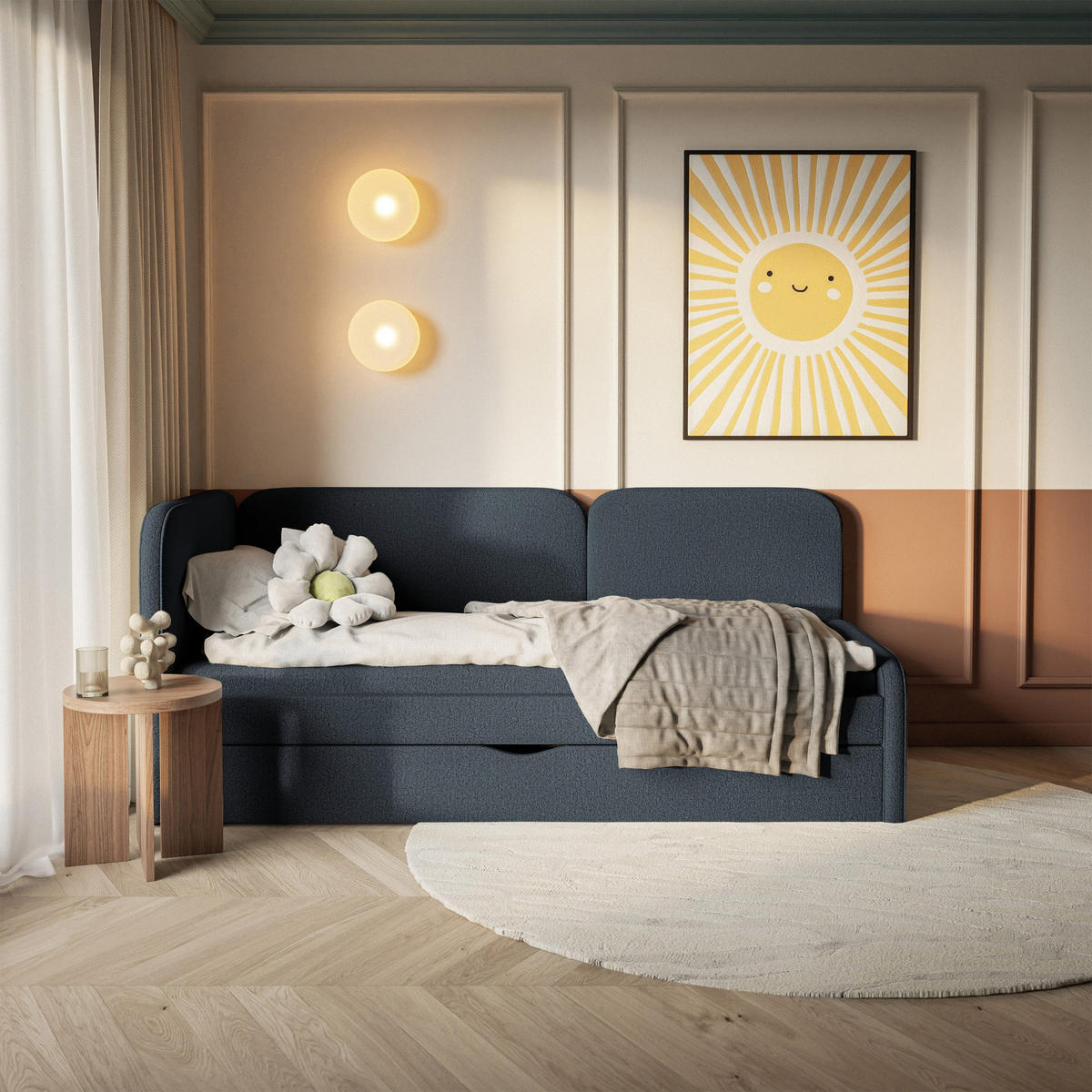 ČALOUNĚNÁ postel Cuddy, čelo vlevo, pletená látka námořnická modrá, 90x200 cm - černá/tmavě modrá, textil/plast (90/200cm) - Selsey