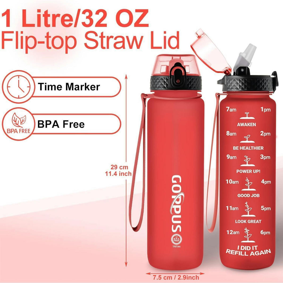 TRINKFLASCHE 1000 ml Rot BPA-frei Tritan Auslaufsicher mit Trageriemen - Rot, Kunststoff (8.4/8.4cm)
