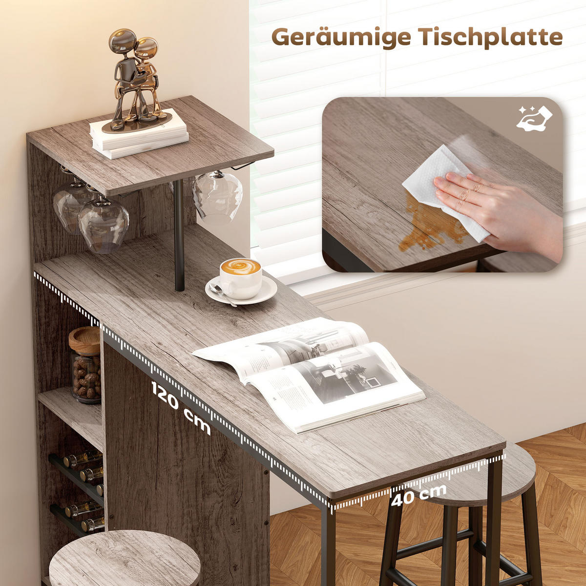 BAR-SET Grau 121.5/40.0/122.0cm - Grau, Holzwerkstoff (40/122/121.5cm)