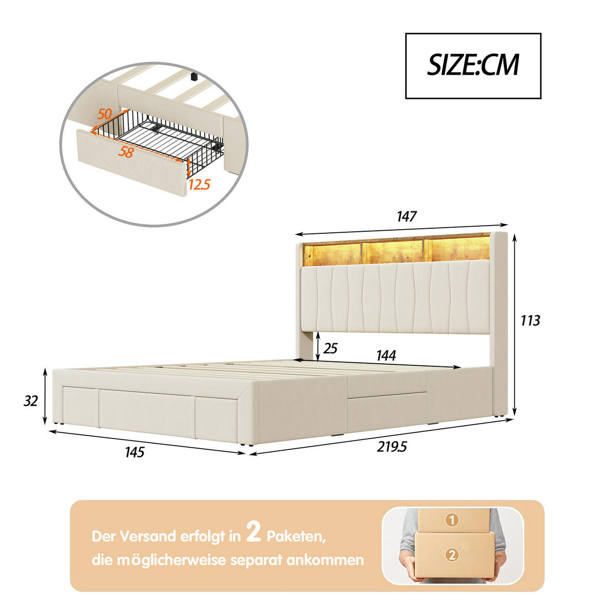POLSTERBETT 140x200 cm, Beige, mit 3 Schubladen, USB & Typ C, LED - Beige, Textil/Metall (140/200cm)