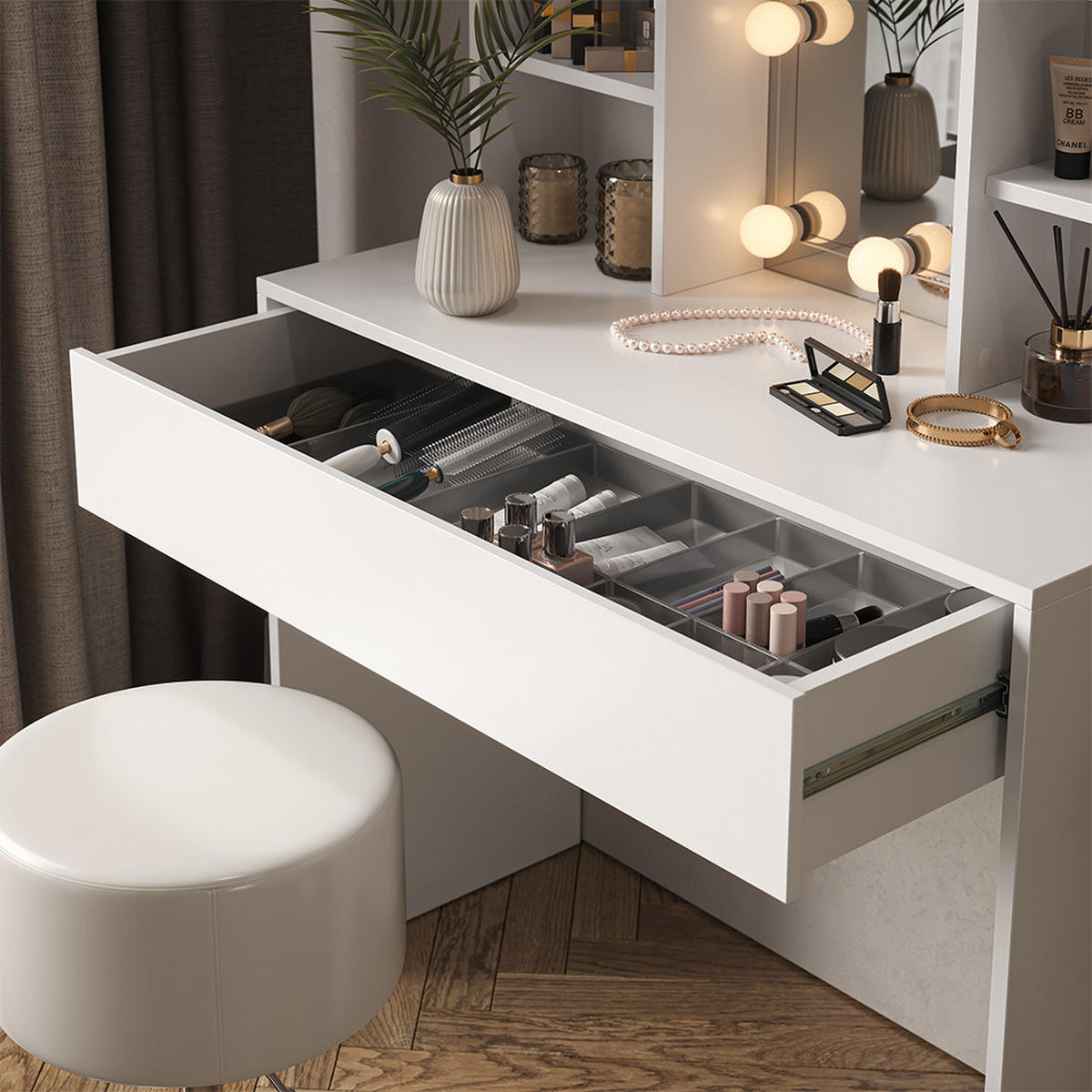 SCHMINKTISCH Alexa Weiß 93 cm mit Hocker - Weiß, Holzwerkstoff (93/147/40cm) - Vicco