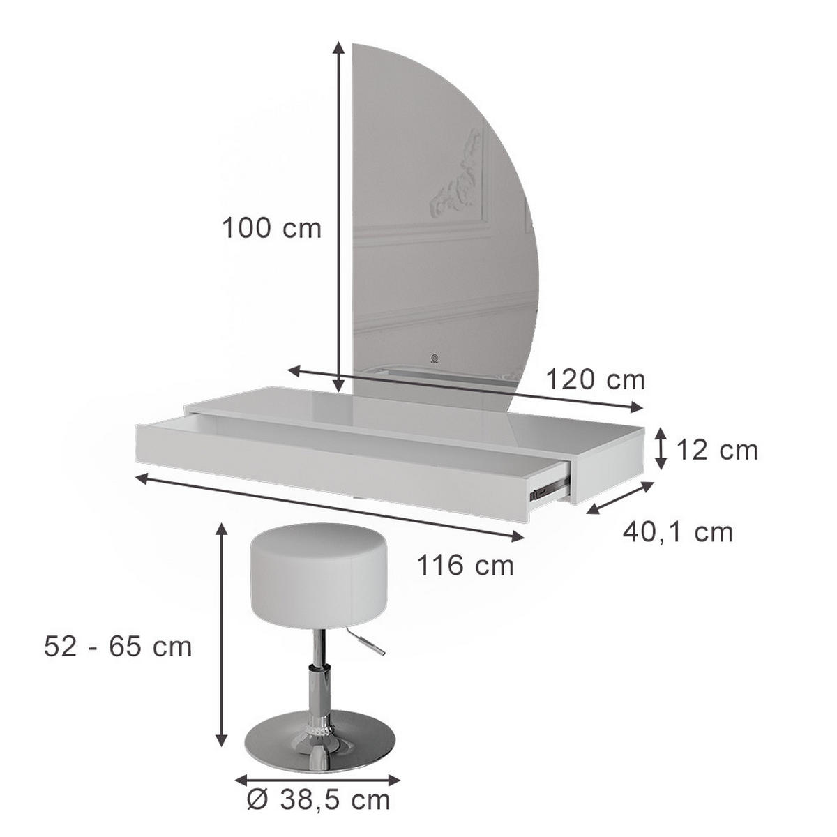 SCHMINKTISCH Sherry, Weiß Hochglanz, 120 cm mit LED-Spiegel und Hocker - Weiß Hochglanz, Holzwerkstoff (120/12/40.1cm) - Vicco
