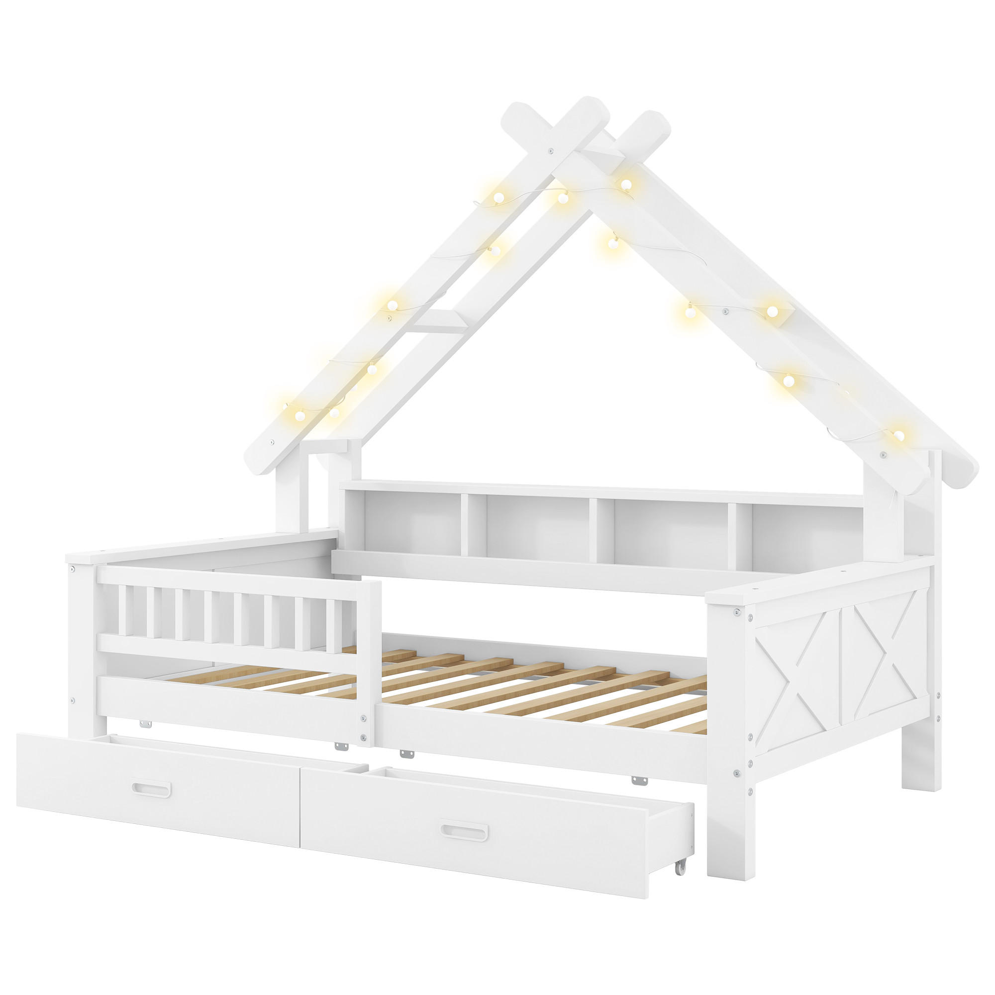 HAUSBETT 90/200 cm in Weiß mit LED, 2 Schubladen und Regal - Weiß, Holz/Holzwerkstoff (90/200cm) - WISHDOR