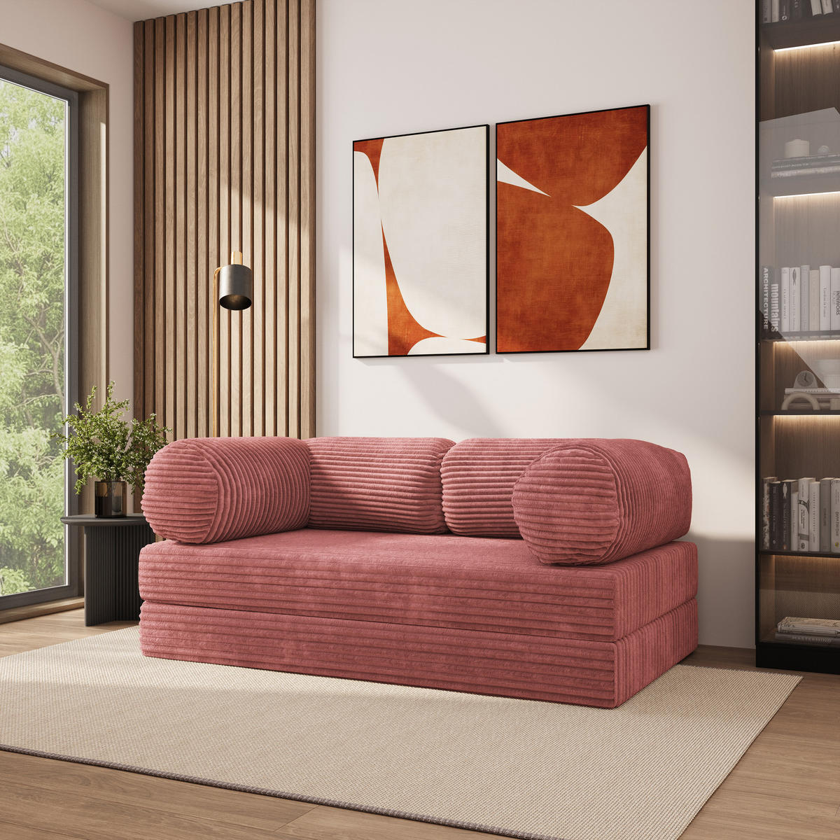 POHOVKA z pěny ALVIO s funkcí spaní Manšestrová látka Pudrově růžová - starorůžová/růžová, textil (170/68/80cm) - MASSENO