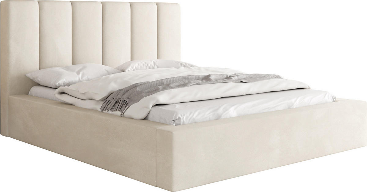 POLSTERBETT Amira mit Bettkasten, Creme Samt 120x200 cm - Beige/Birkefarben, Holz/Holzwerkstoff (120/200cm) - WFL GROUP