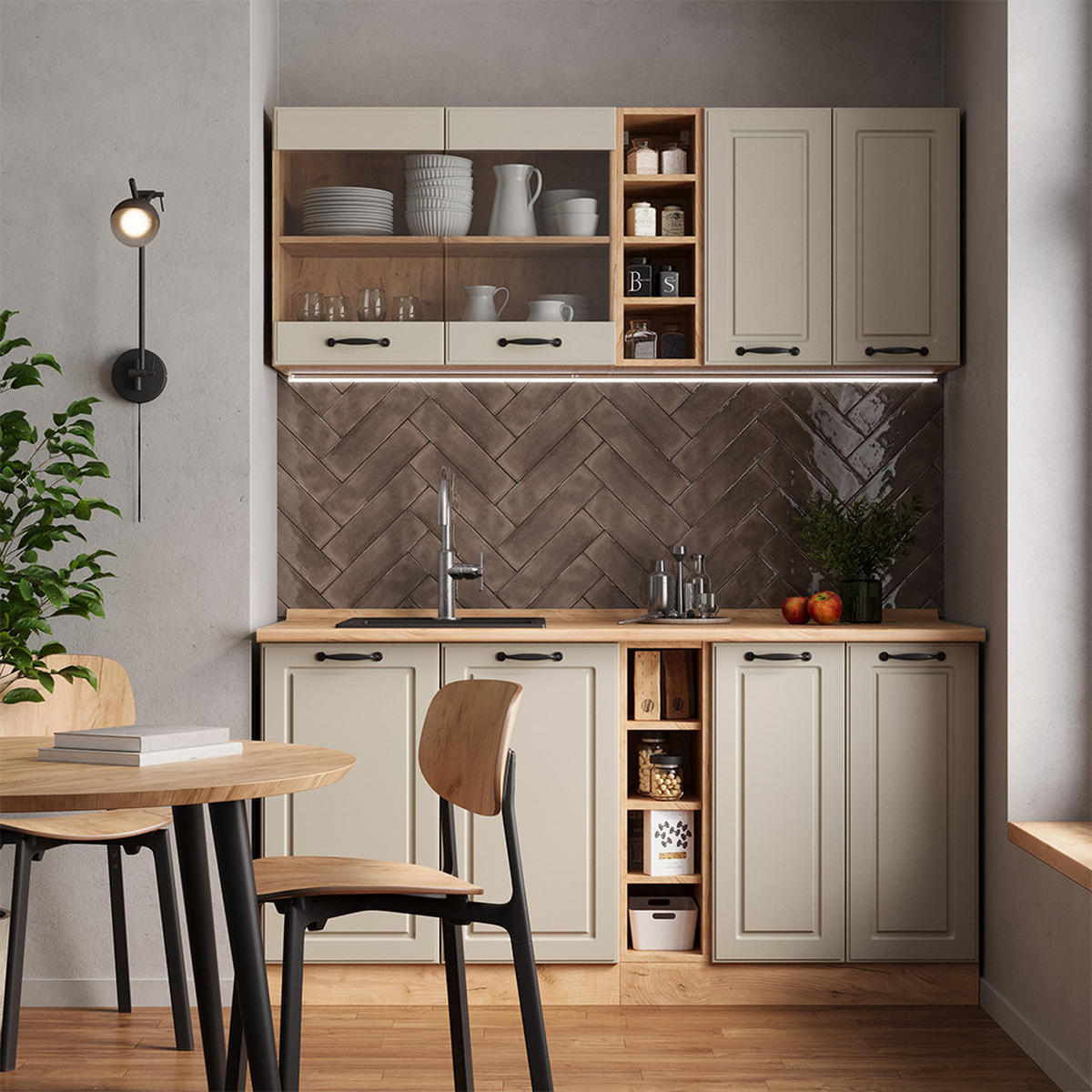 SINGLEKÜCHE R-Line, Sand Landhaus/Goldkraft Eiche, 160 cm Arbeitsplatte Anthrazit - Honigeiche/Beige, Holzwerkstoff (160/81.6/60cm) - Vicco
