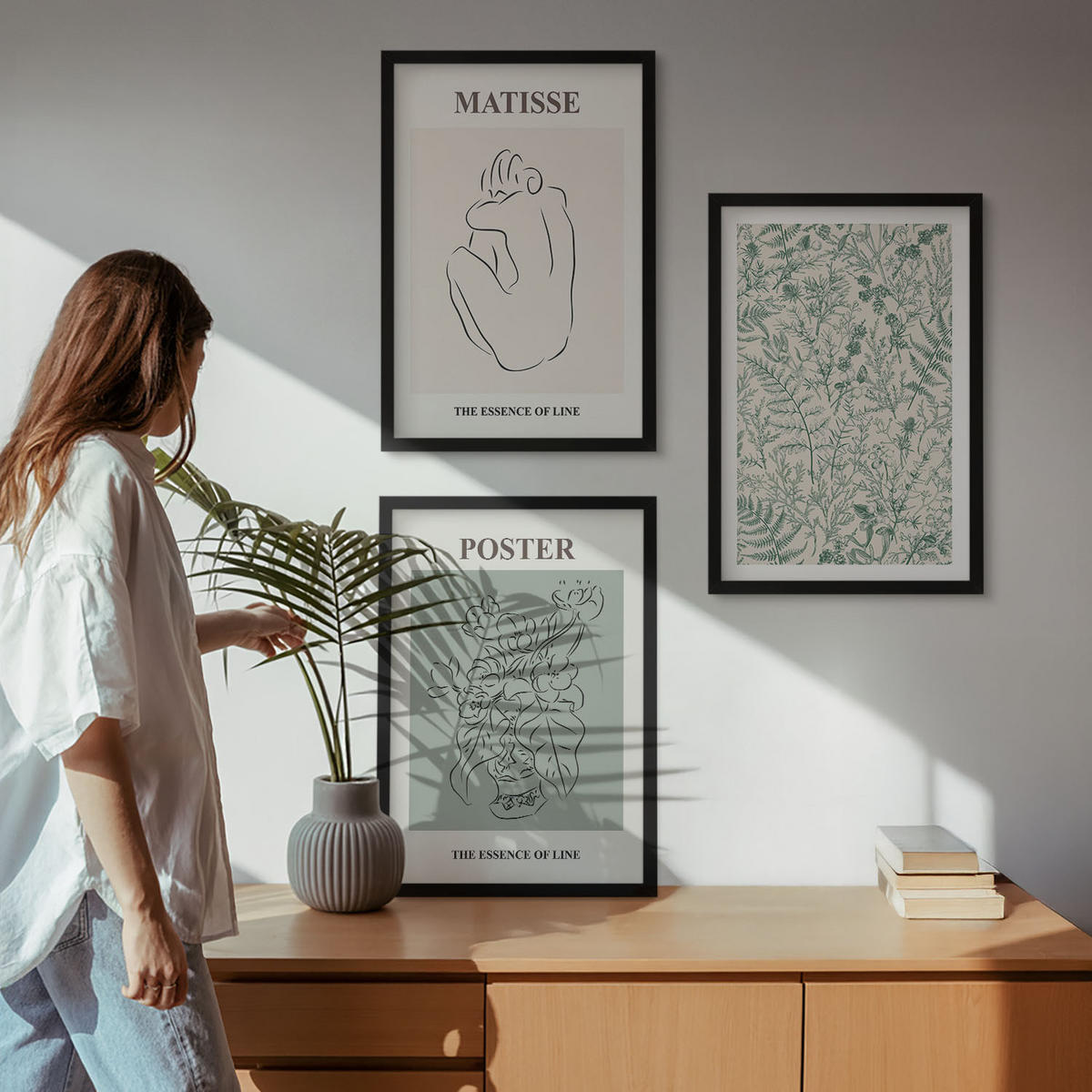 WANDBILDER 3er-Set - 40x60 cm Schwarzer Rahmen - Linien, Pflanzenmuster, Minimalismus - Schwarz, Kunststoff (40/60cm) - ArtPrintCave