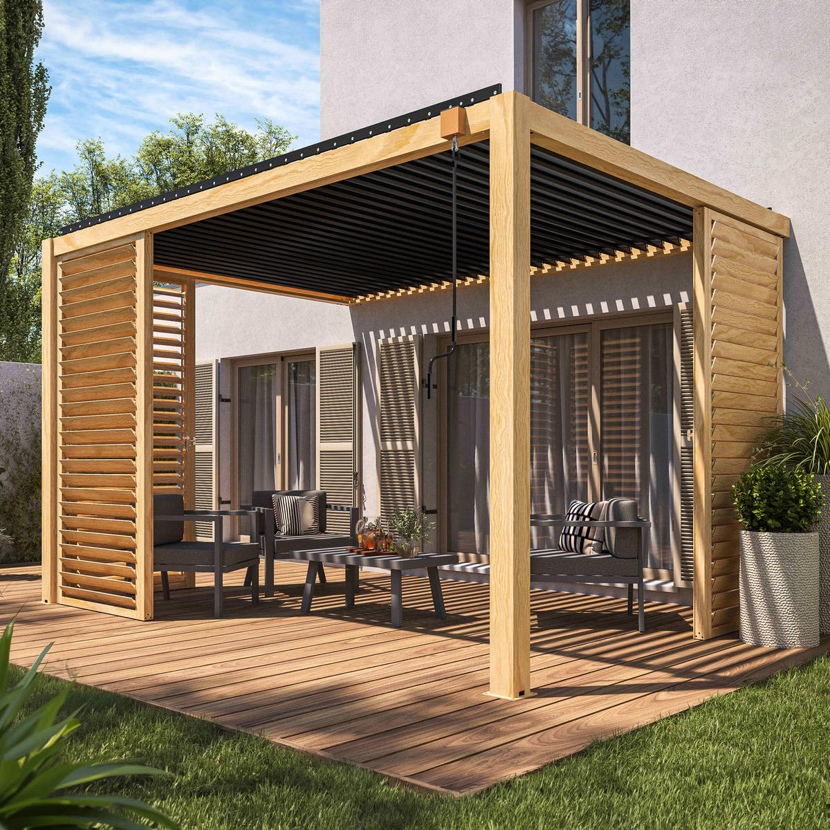 PERGOLA bioklimatisch mit 3 Trennwand, Holzfarbe und Grau - Eichefarben, Metall (304/258/404cm) - Oviala