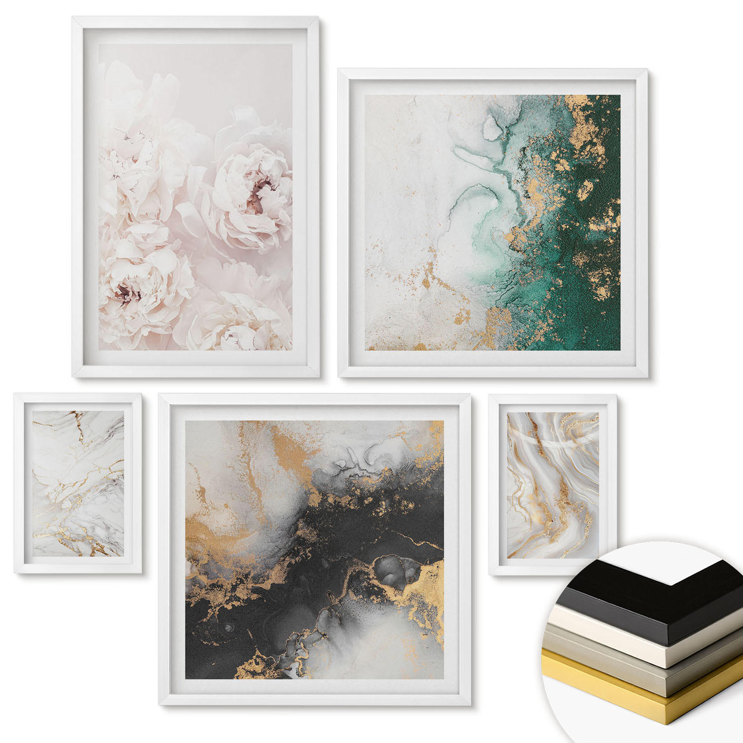 WANDBILDER 5er-Set - 50x50 cm & 20x30 cm & 40x60 cm Weißer Rahmen - Abstrakte Muster weiß schwarz grün - Weiß, Kunststoff (40/60cm) - ArtPrintCave