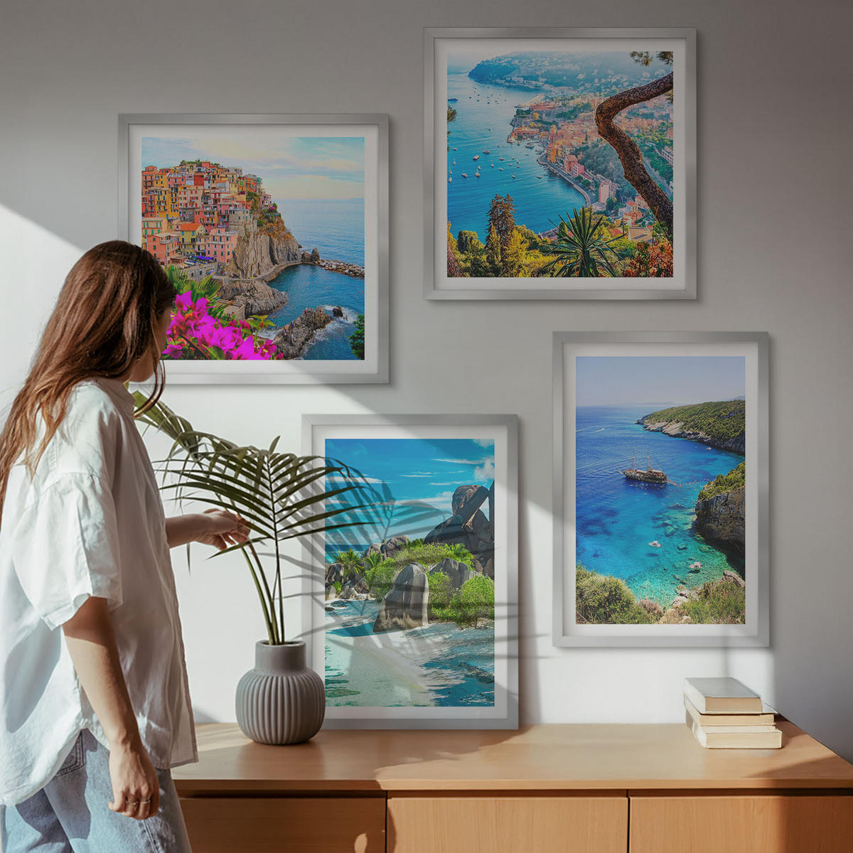 WANDBILDER 4er Set - 50x50 cm & 40x60 cm Silberner Rahmen - Palmen am Meer, blaues Wasser - Silberfarben, Kunststoff (50/50cm) - ArtPrintCave