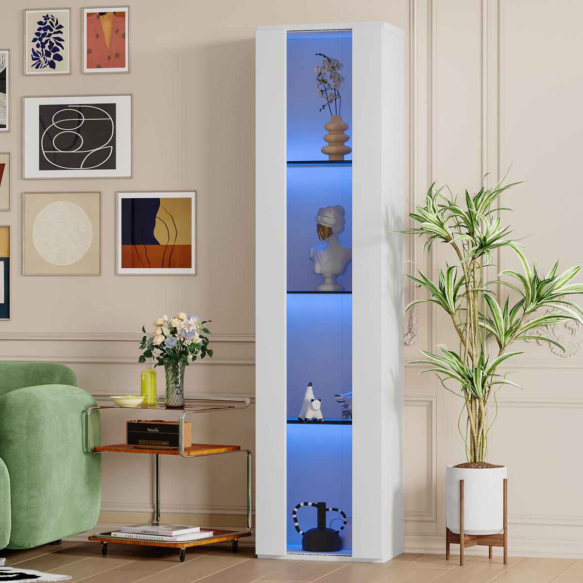 VITRINE mit 4 Ebenen Acrylglas LED Beleuchtung Fernbedienung modern Weiß Spanplatte transparent - Transparent/Weiß, Glas/Holzwerkstoff (40/170/29cm) - EVRYAE