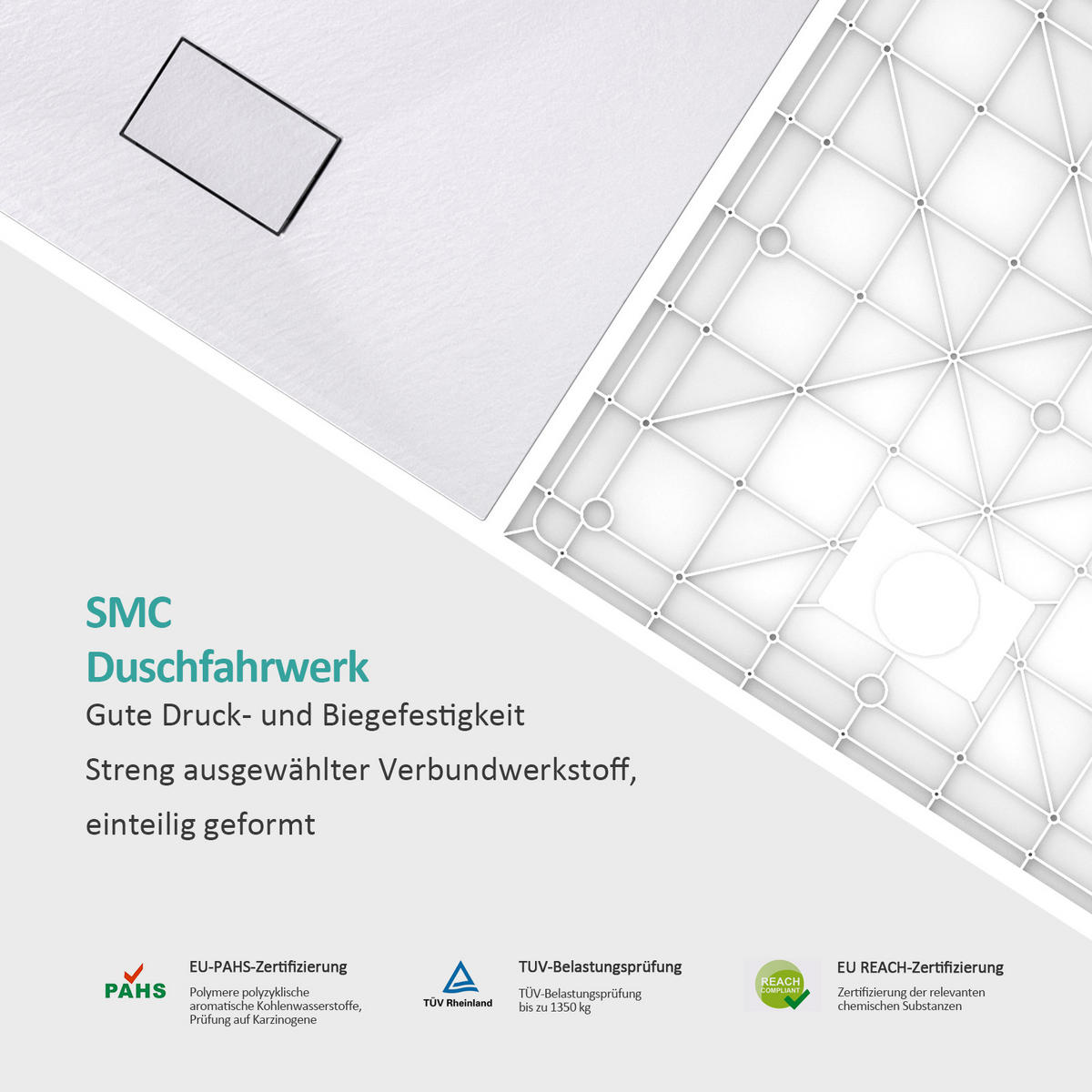 DUSCHWANNE mit rutschhemmender Oberfläche 90/90 cm, Weiß - Weiß, Naturmaterialien (90/2.6/90cm) - EMKE