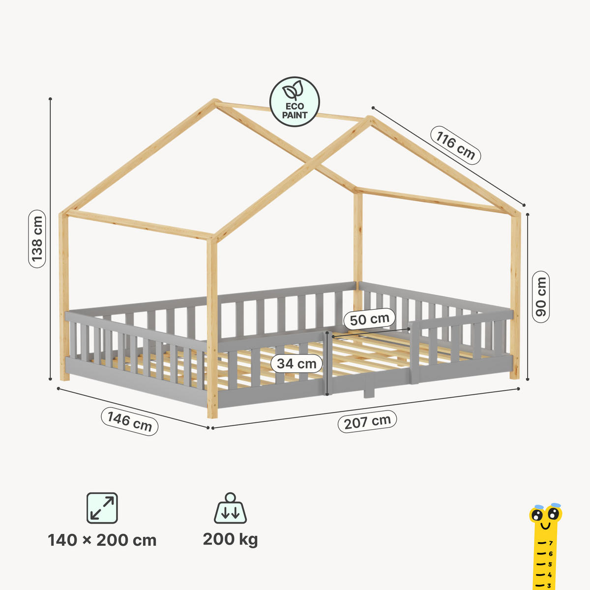 HAUSBETT Treviolo - Hellgrau/Naturfarben, Holz (140/200cm) - [en.casa]