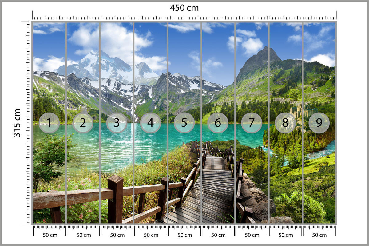 FOTOTAPETE für Wohnzimmer Holzsteg Bergsee Pflanzen Ruhe 450x315 - Türkis/Blau, Papier (450/315cm) - Muralo