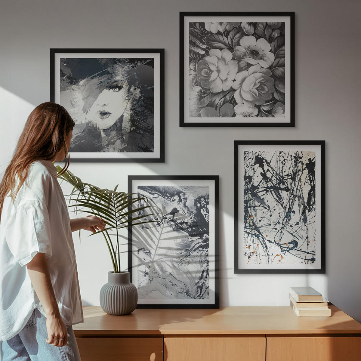 WANDBILDER 4er-Set - 50x50 cm & 40x60 cm Schwarzer Rahmen - Abstrakte schwarz-weiße Muster - Schwarz, Kunststoff (50/50cm) - ArtPrintCave