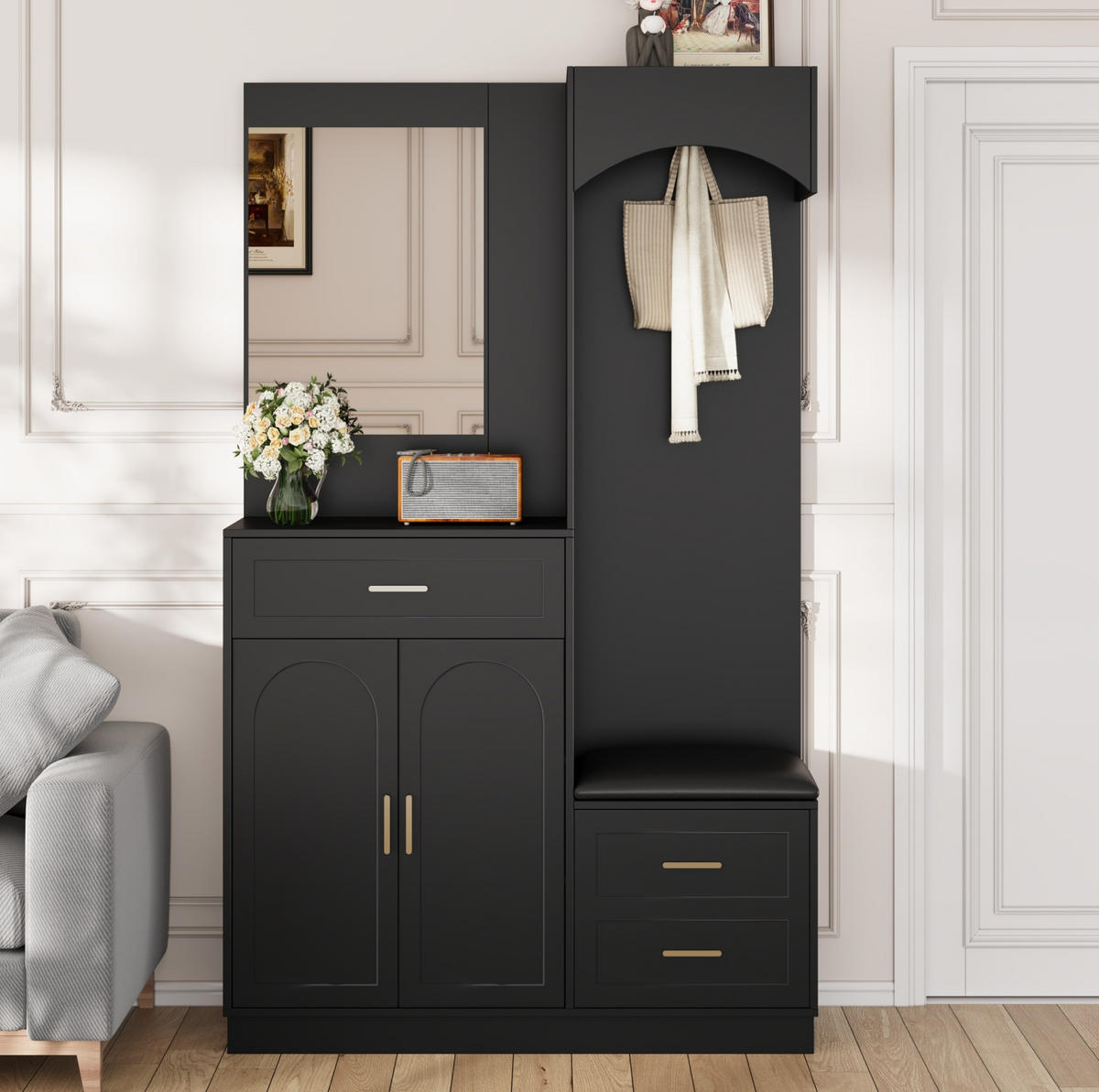 GARDEROBENSCHRANK 110/33/185,5 cm mit Schuhschrank, Spiegel, Sitzbank und verstellbaren Böden aus MDF, Schwarz - Schwarz, Holzwerkstoff (110/185.5/33cm) - Redom