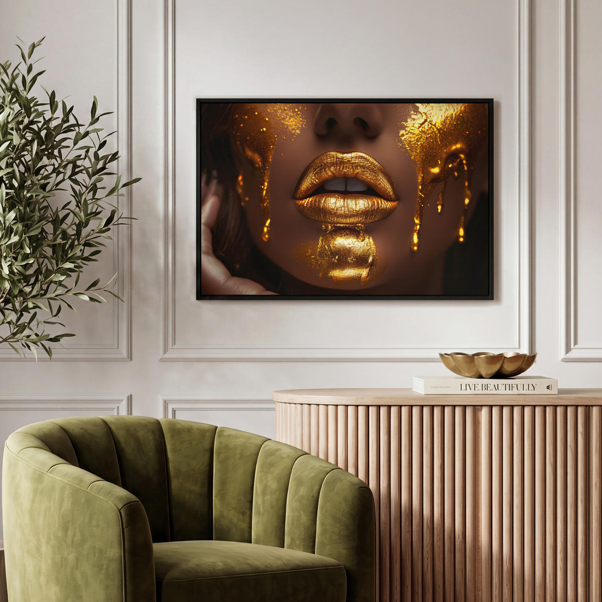 LEINWAND Bilder mit Rahmen - Frau - Gold - Luxus - Porträt - 60x40 - Goldfarben, Textil (60/40cm) - MuchoWow
