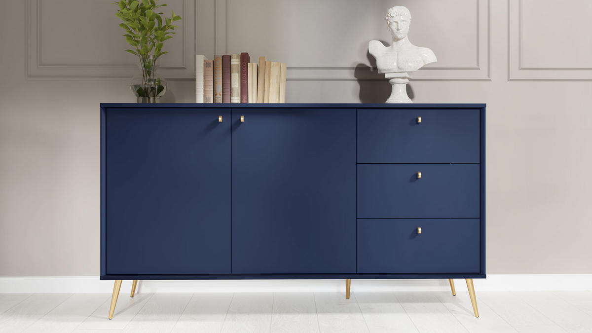 SIDEBOARD Rose marineblau 156 / 40,5 / 89cm - Blau/Goldfarben, Holzwerkstoff/Metall (156/89/41cm) - Feldmann-Wohnen