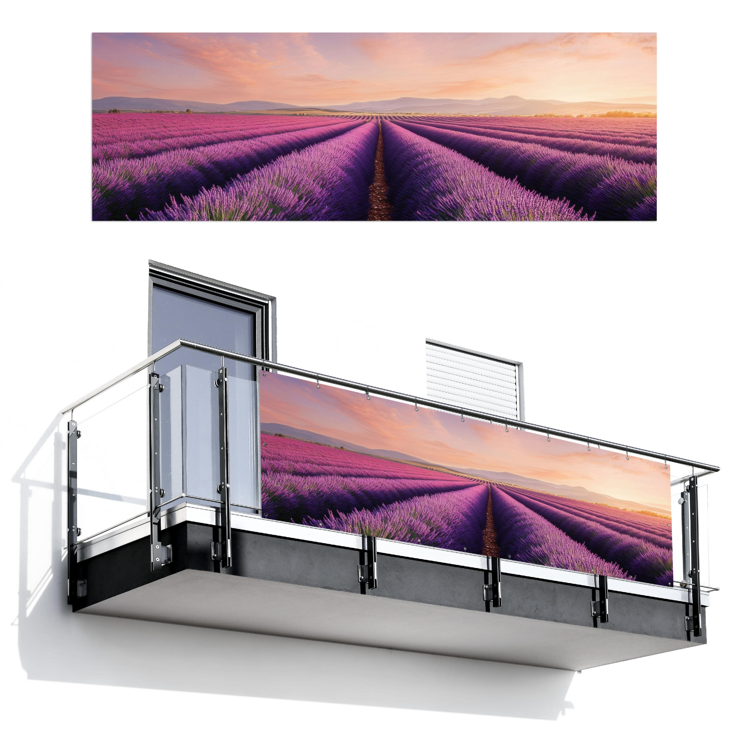 BALKON-SICHTSCHUTZ Lavendelfeld - Sonnenuntergang - Lila - Blumen - Violett, Kunststoff (300/100cm) - MuchoWow