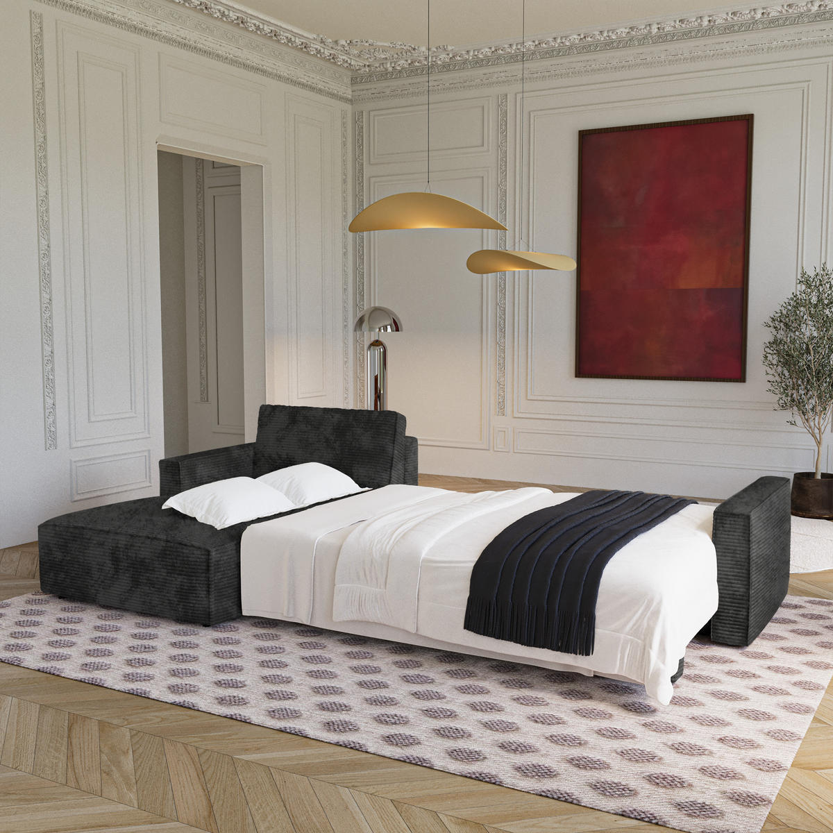 LINKSECK-SCHLAFSOFA mit Stauraum Cord Schwarz 297cm - Schwarz, Textil (297/167cm) - Premium Interiors